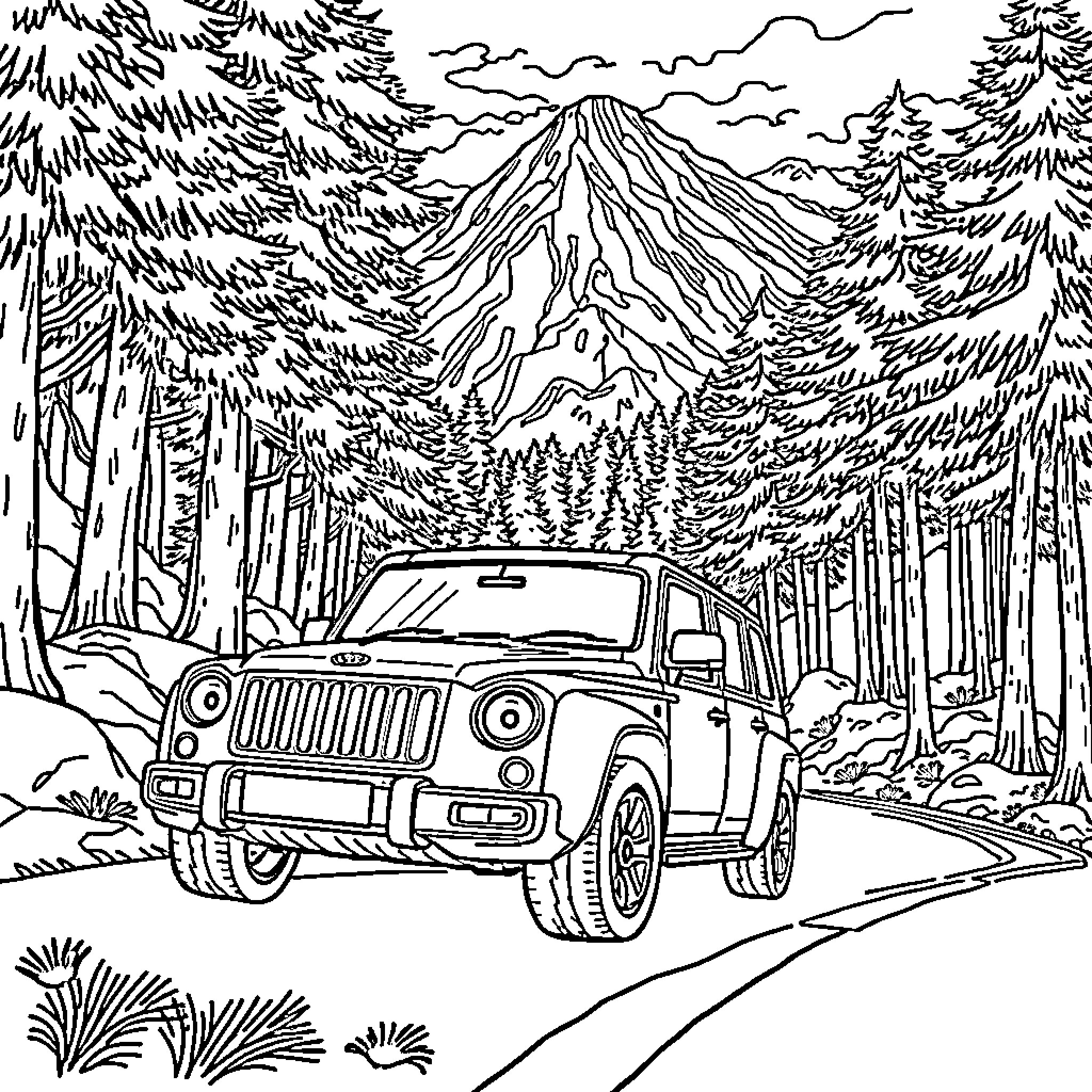 Bus driving through scenic mountain landscape Coloring Page (free black-and-white line drawing printable PDF for all, from beginners to advanced learners, including children, teens, adults, and seniors)