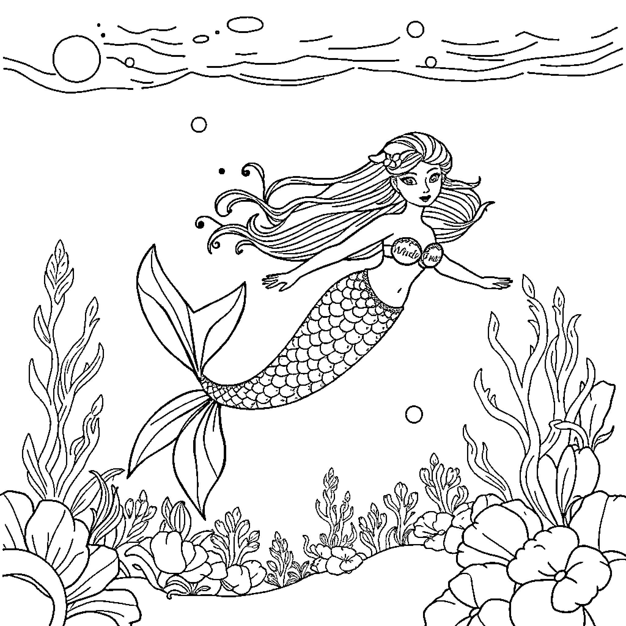 Mermaid swimming amidst underwater flowers and plants Coloring Page (free black-and-white line drawing printable PDF for all, from beginners to advanced learners, including children, teens, adults, and seniors)