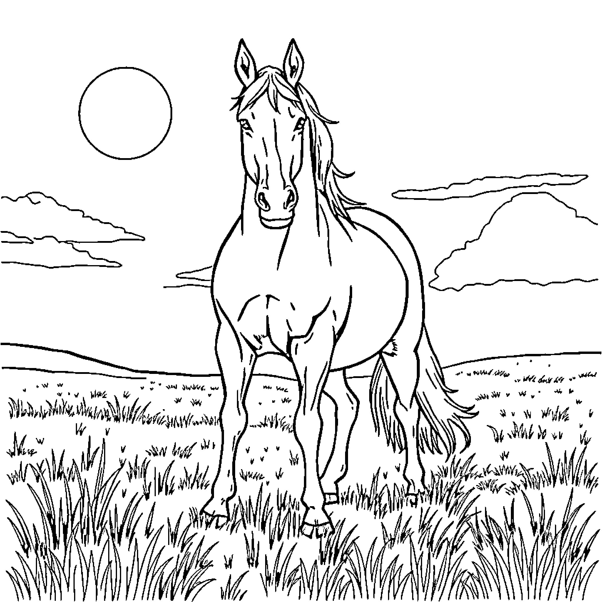 Horse running freely in the meadow Coloring Page (free black-and-white line drawing printable PDF for all, from beginners to advanced learners, including children, teens, adults, and seniors)