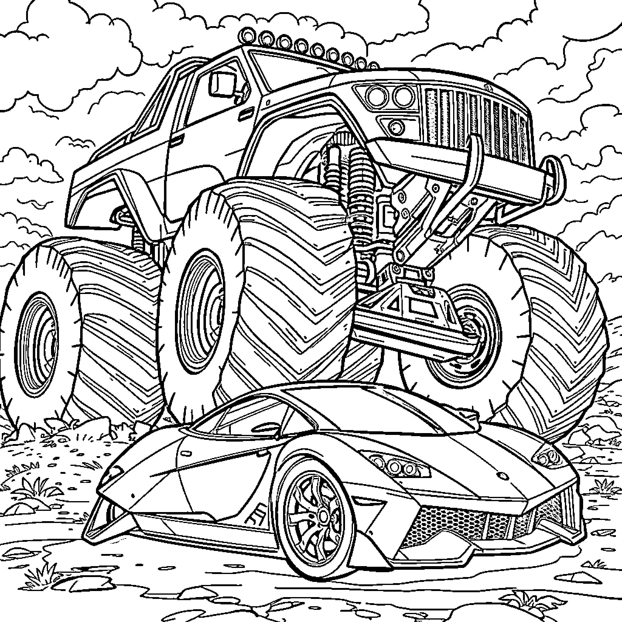Monster Truck crushing a sports car in the countryside Coloring Page (free black-and-white line drawing printable PDF for all, from beginners to advanced learners, including children, teens, adults, and seniors)