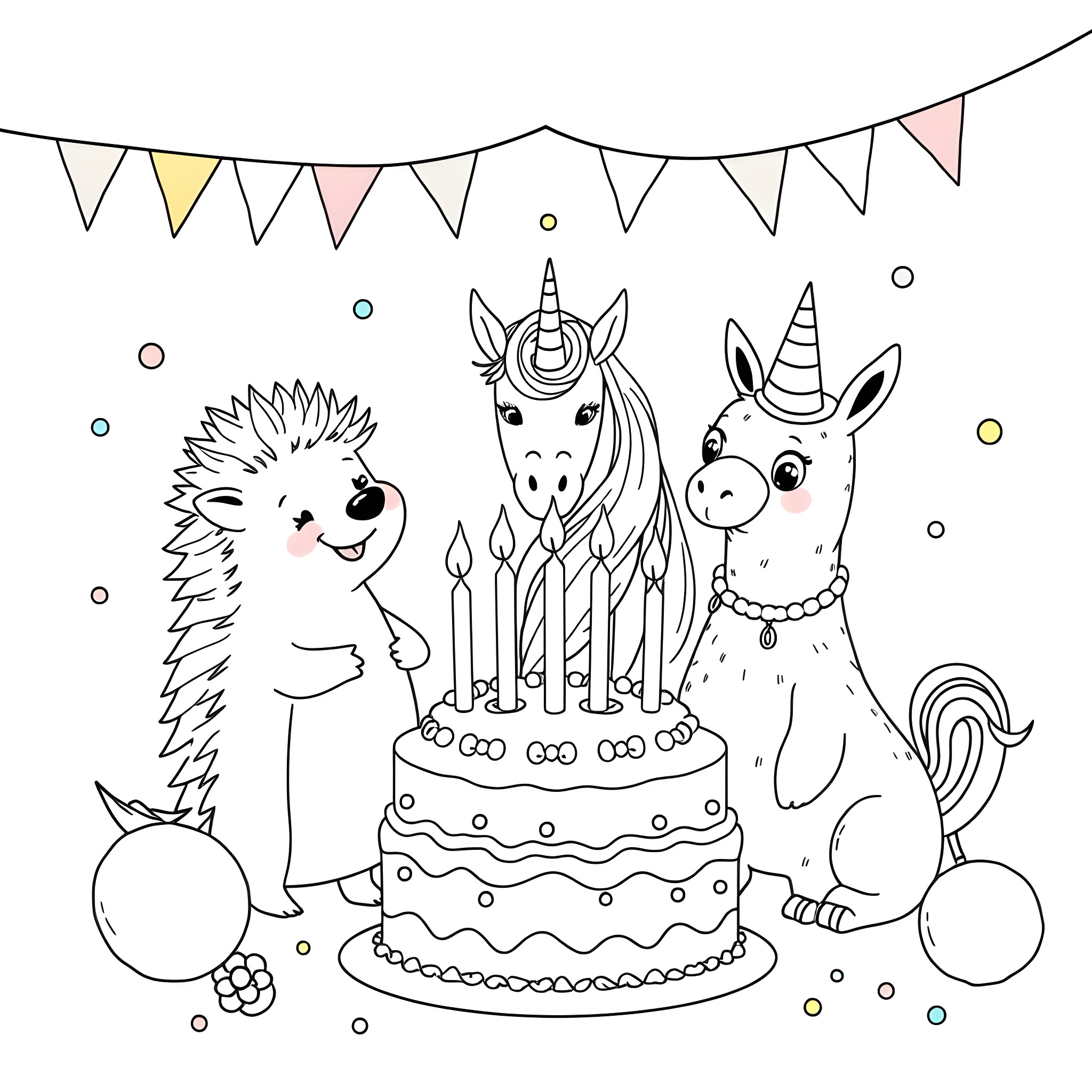Hedgehog, unicorn, and llama celebrating with birthday cake Coloring Page (free black-and-white line drawing printable PDF for all, from beginners to advanced learners, including children, teens, adults, and seniors)