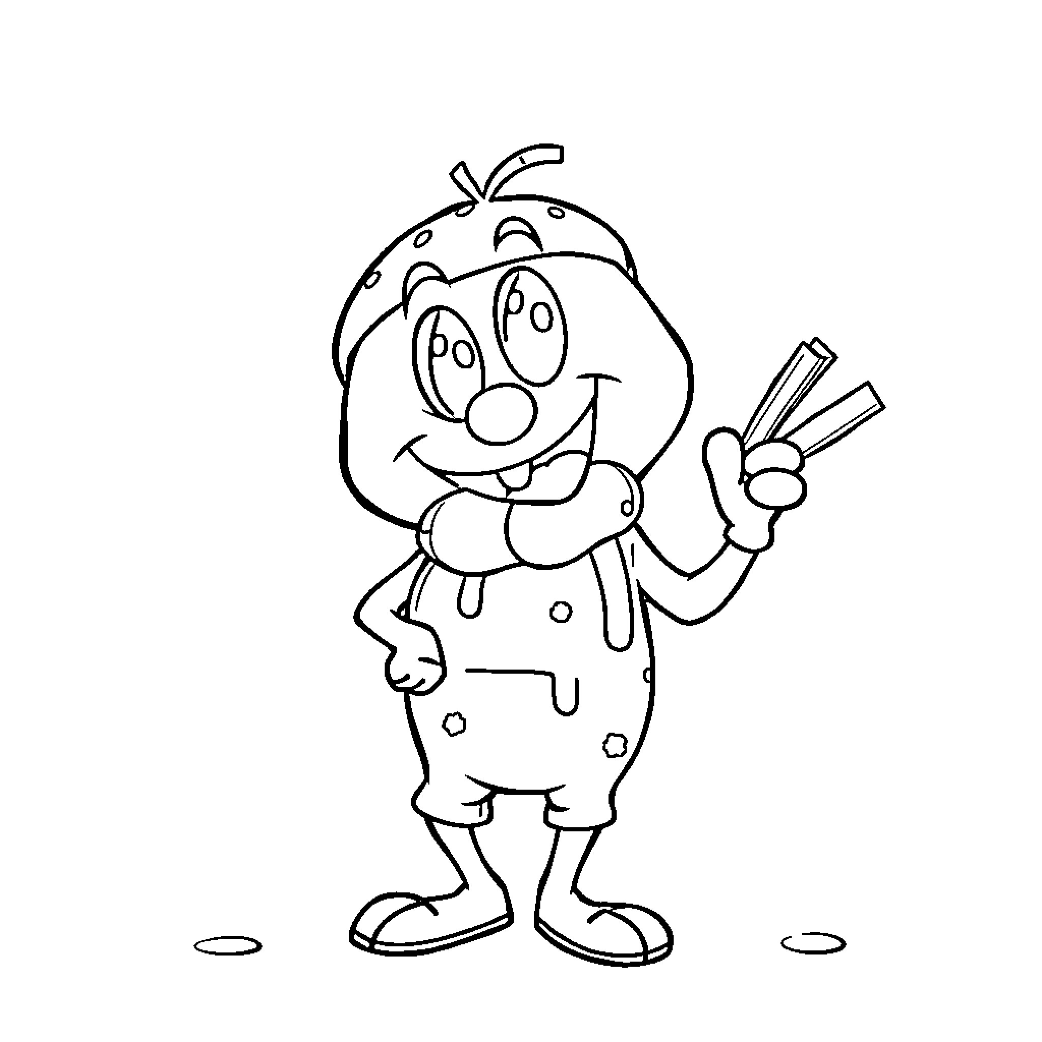 Meatball character holding a spoon and smiling Coloring Page (free black-and-white line drawing printable PDF for all, from beginners to advanced learners, including children, teens, adults, and seniors)