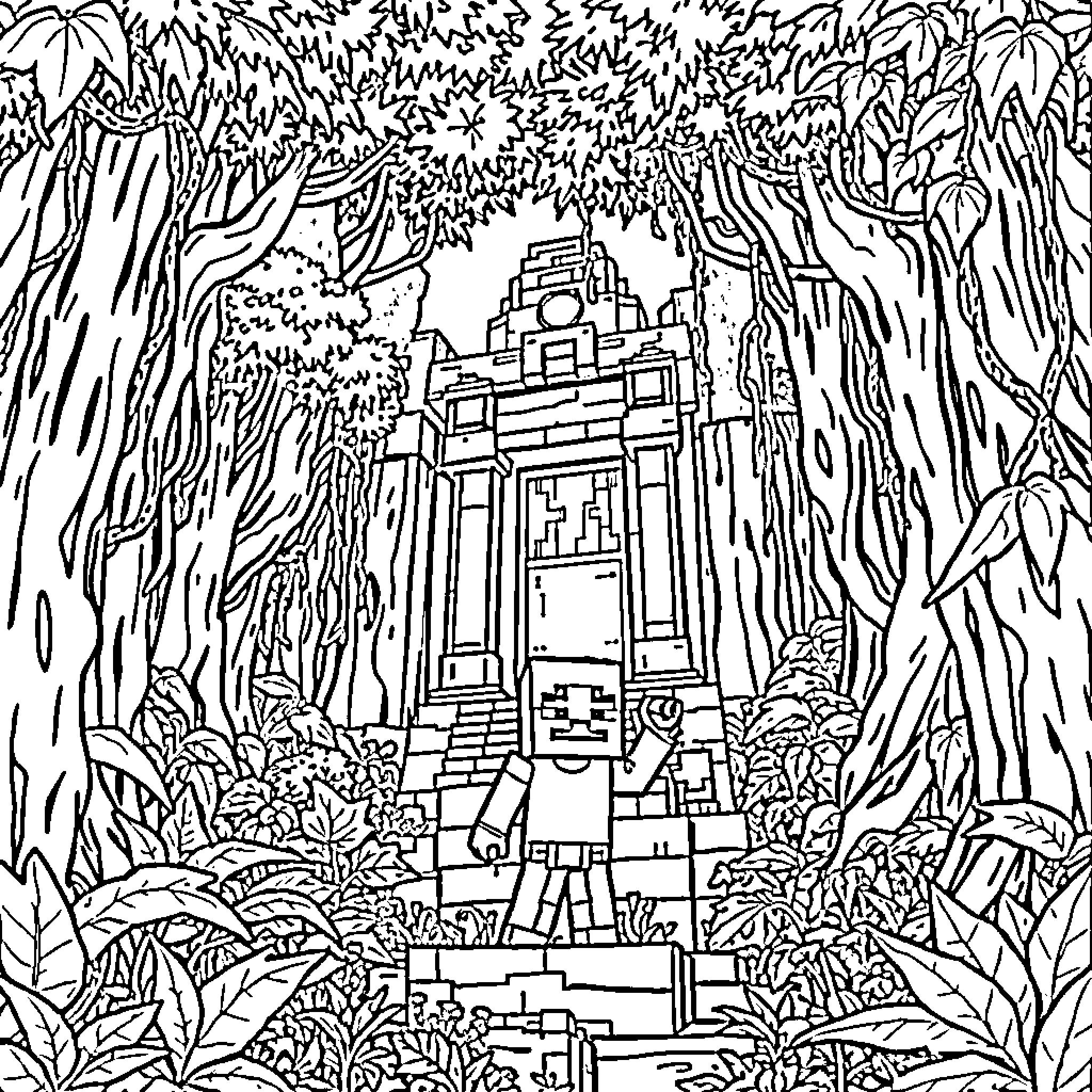 Steve explores the mysterious ancient ruins hidden in the jungle Coloring Page (free black-and-white line drawing printable PDF for all, from beginners to advanced learners, including children, teens, adults, and seniors)