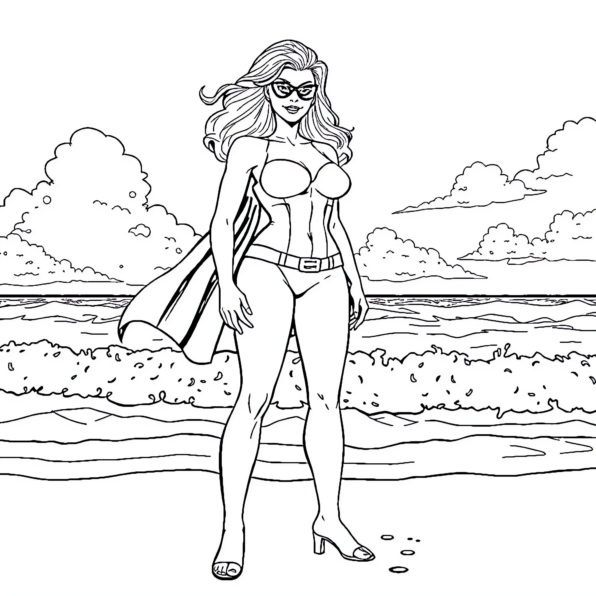 Sue Storm's Superhero Beachside Adventure Coloring Page (free black-and-white line drawing printable PDF for all, from beginners to advanced learners, including children, teens, adults, and seniors)
