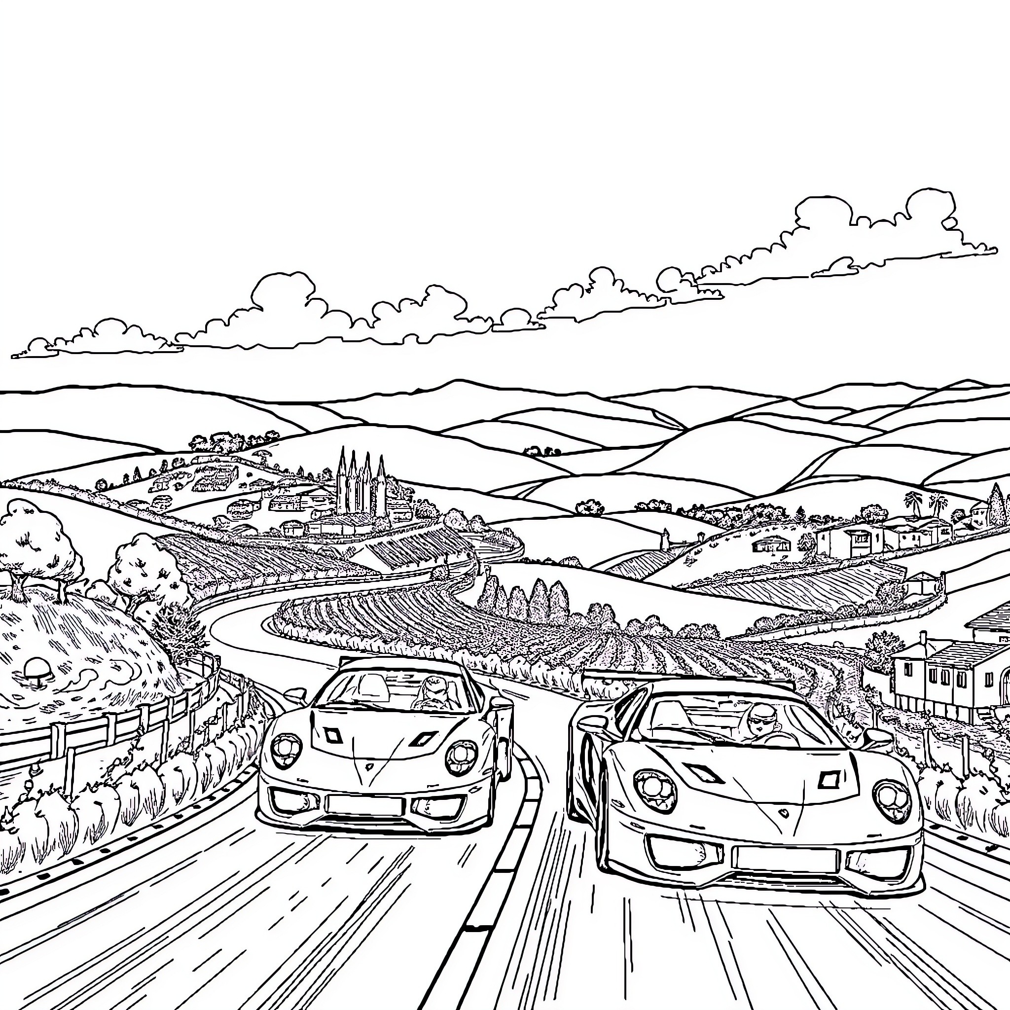 Cars speeding through scenic countryside landscape Coloring Page (free black-and-white line drawing printable PDF for all, from beginners to advanced learners, including children, teens, adults, and seniors)