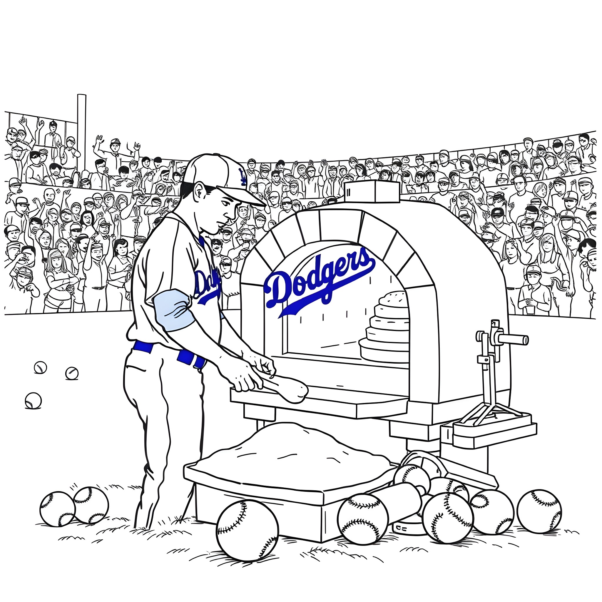 Baseball Player Pitching with Crowd in Stadium Coloring Page (free black-and-white line drawing printable PDF for all, from beginners to advanced learners, including children, teens, adults, and seniors)