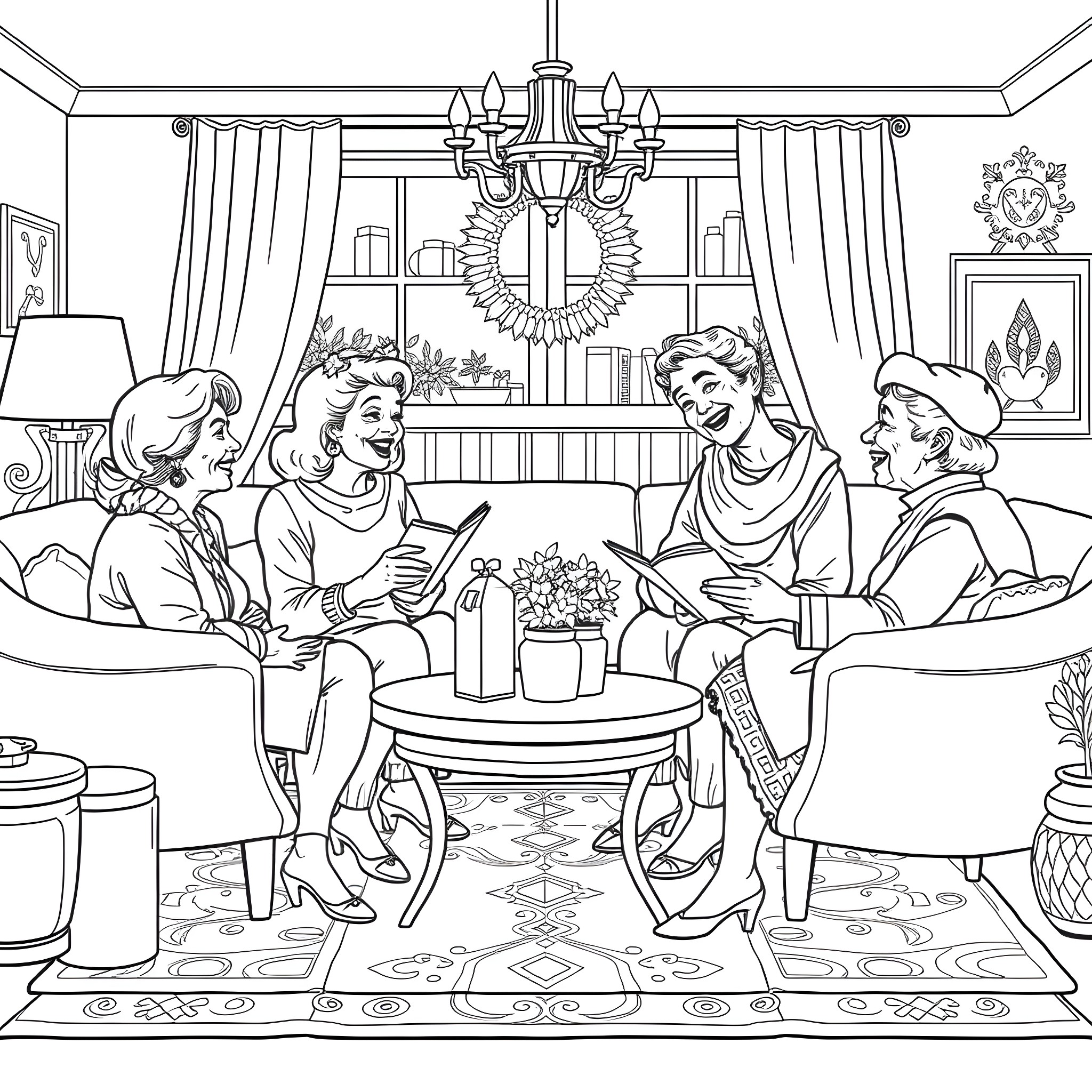 Girls Enjoying Afternoon Tea in Elegant Living Room Coloring Page (free black-and-white line drawing printable PDF for all, from beginners to advanced learners, including children, teens, adults, and seniors)