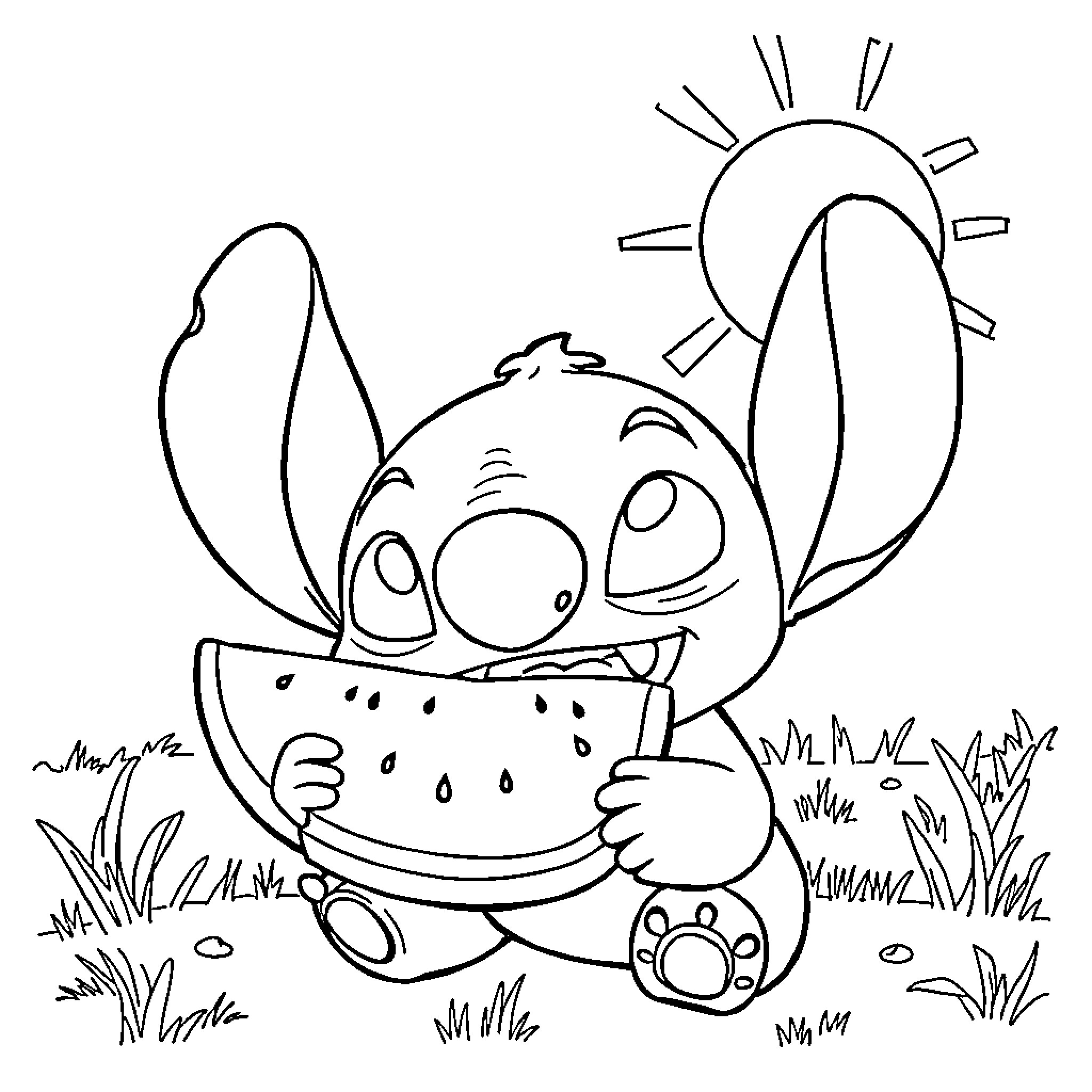 Stitch enjoying a watermelon in the sun Coloring Page (free black-and-white line drawing printable PDF for all, from beginners to advanced learners, including children, teens, adults, and seniors)