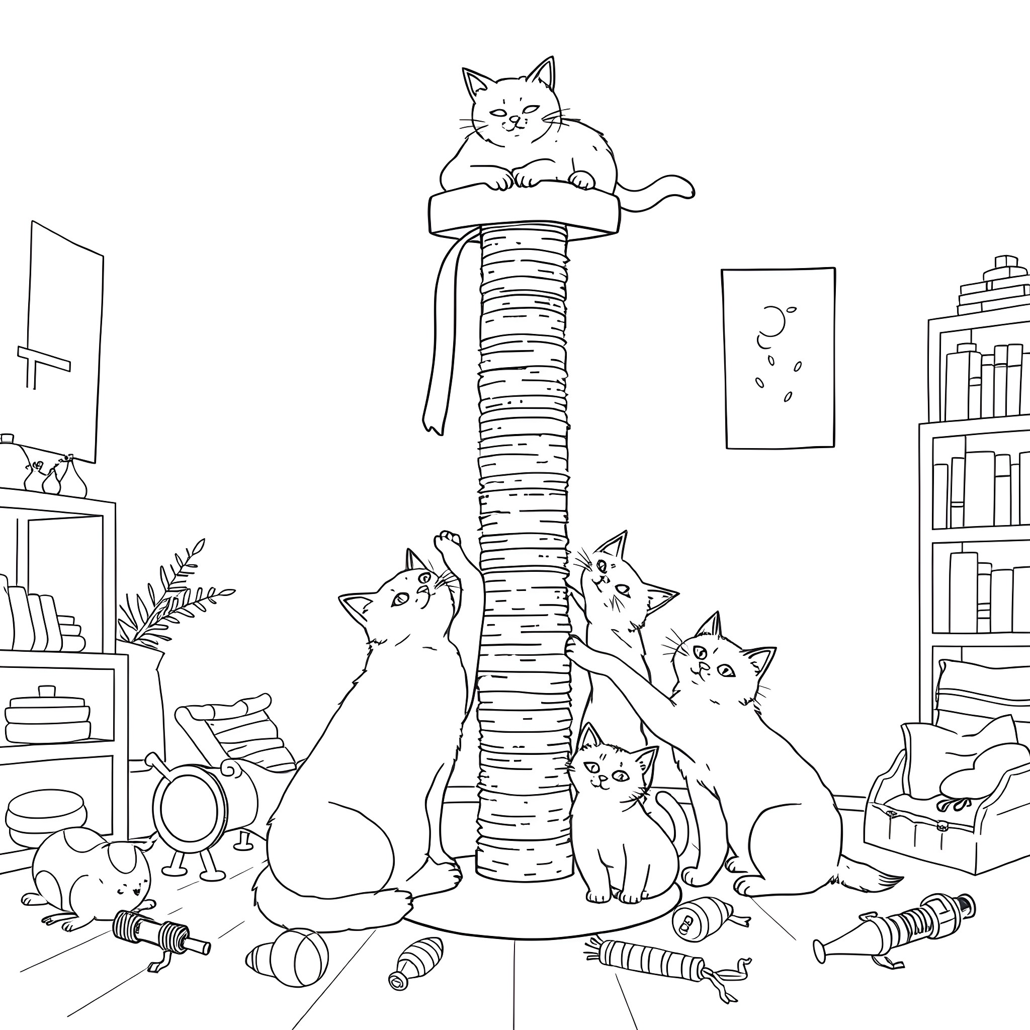 Cat playing atop a scratching post in a cozy home Coloring Page (free black-and-white line drawing printable PDF for all, from beginners to advanced learners, including children, teens, adults, and seniors)