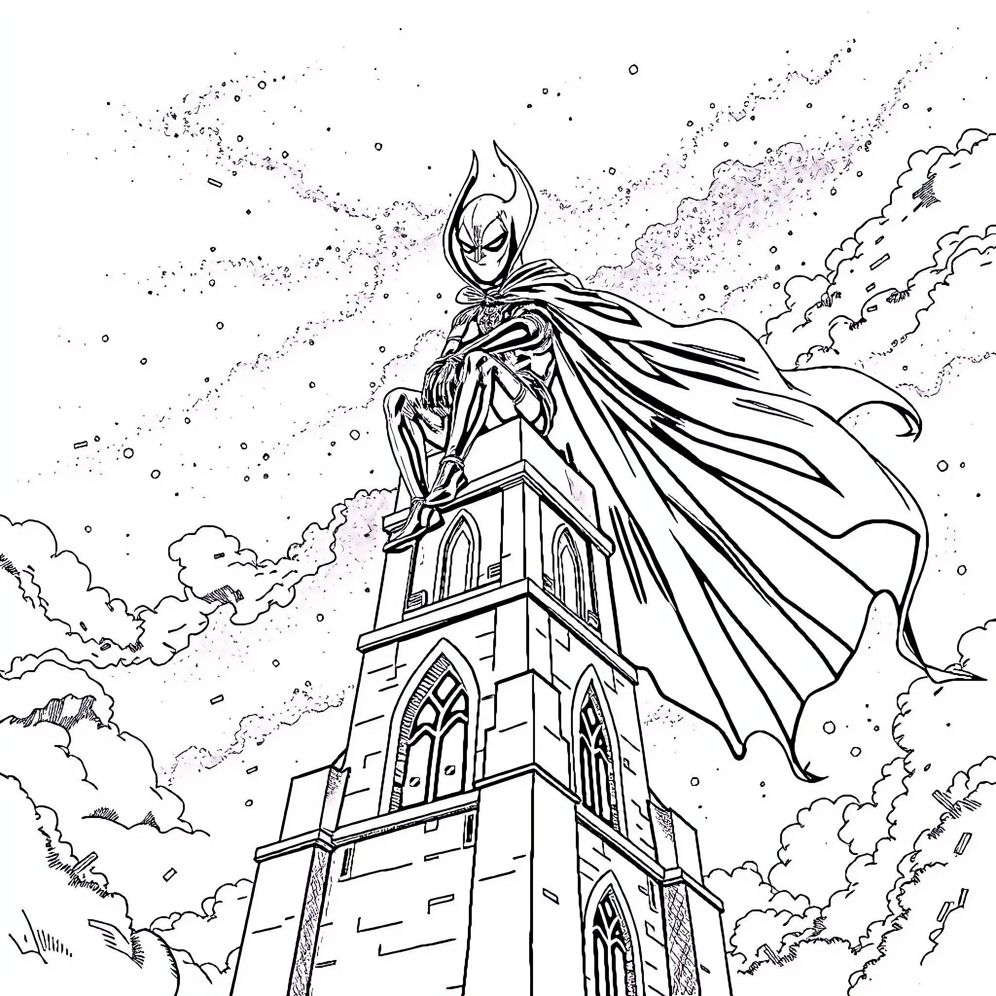 Spawn amid celestial storm atop gothic architecture Coloring Page (free black-and-white line drawing printable PDF for all, from beginners to advanced learners, including children, teens, adults, and seniors)
