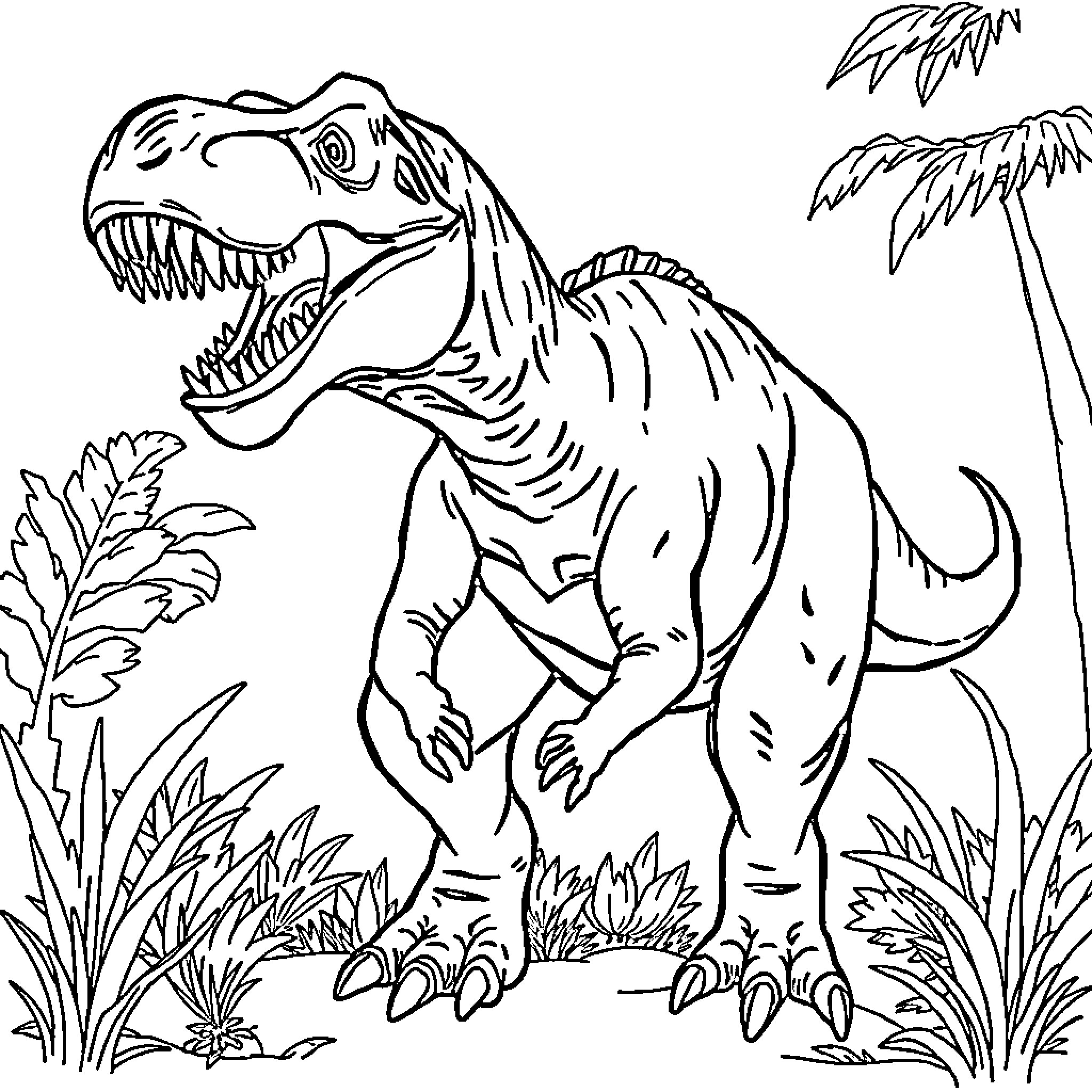 Dinosaur in Prehistoric Jungle Landscape Coloring Page (free black-and-white line drawing printable PDF for all, from beginners to advanced learners, including children, teens, adults, and seniors)