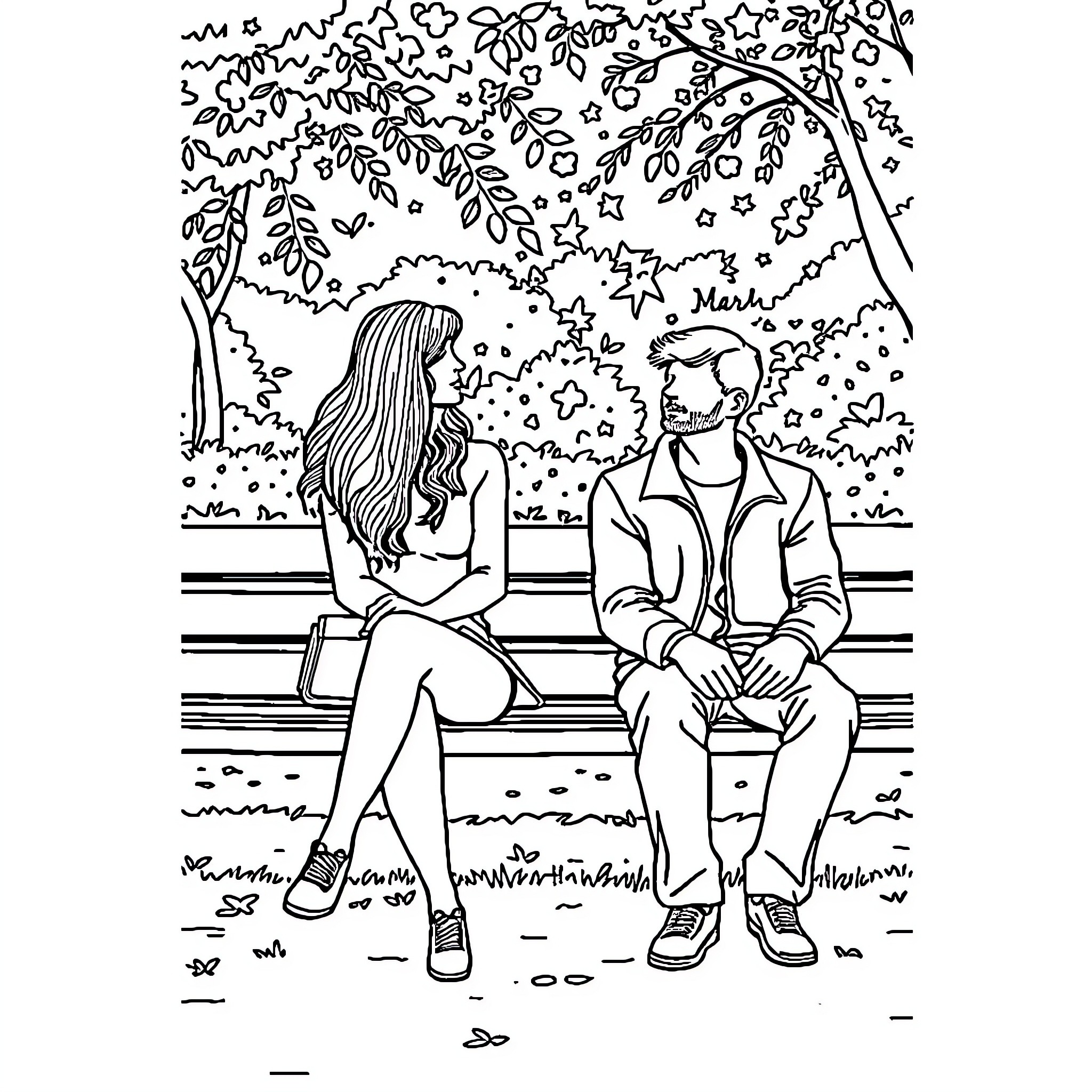 Woman and man sitting on bench in park Coloring Page (free black-and-white line drawing printable PDF for all, from beginners to advanced learners, including children, teens, adults, and seniors)