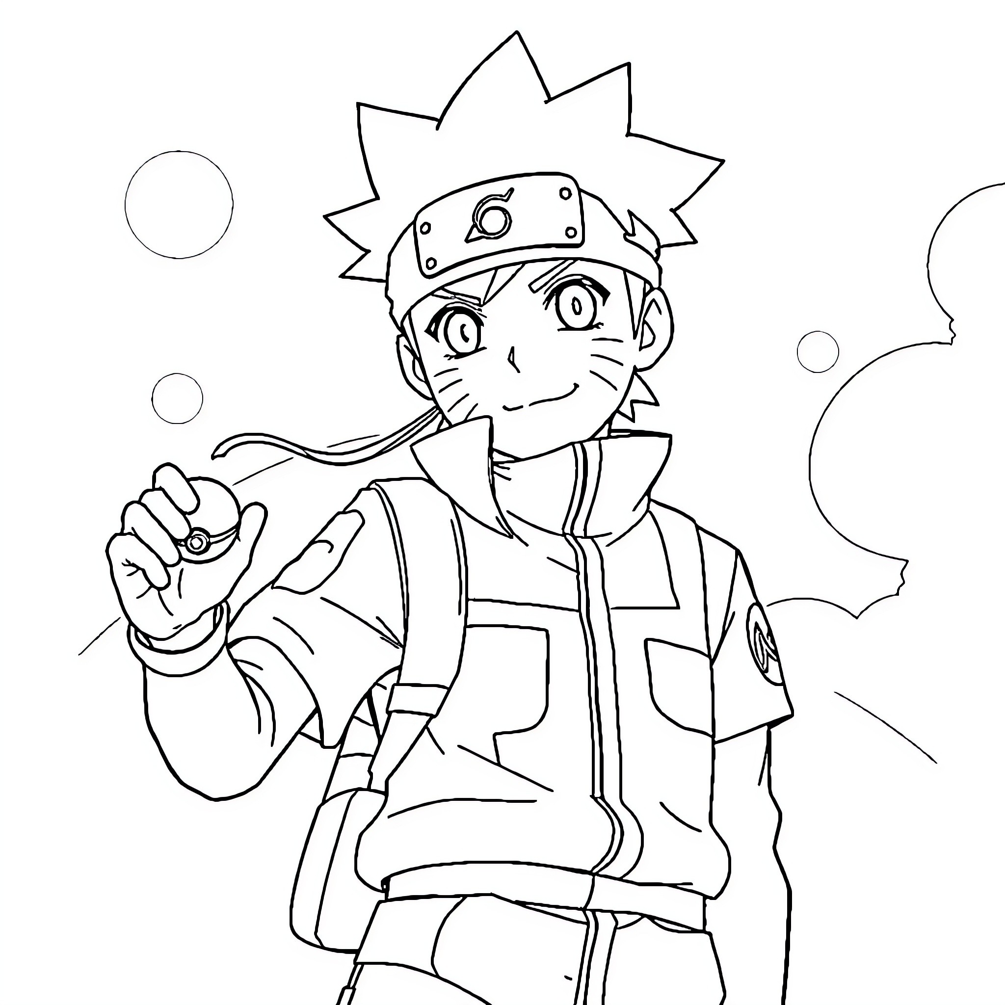 Naruto Uzumaki in Ninja Gear Posing Confidently Coloring Page (free black-and-white line drawing printable PDF for all, from beginners to advanced learners, including children, teens, adults, and seniors)