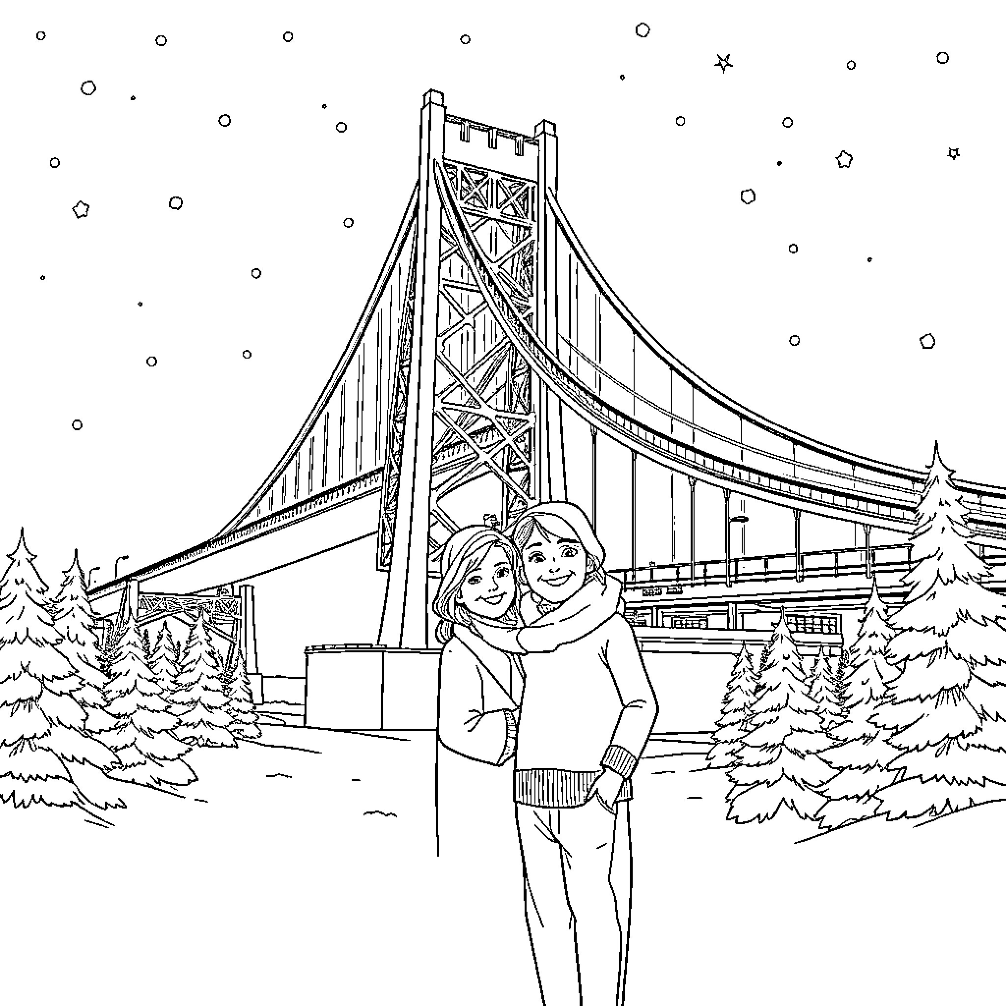 Couple posing in front of a snowy winter bridge Coloring Page (free black-and-white line drawing printable PDF for all, from beginners to advanced learners, including children, teens, adults, and seniors)