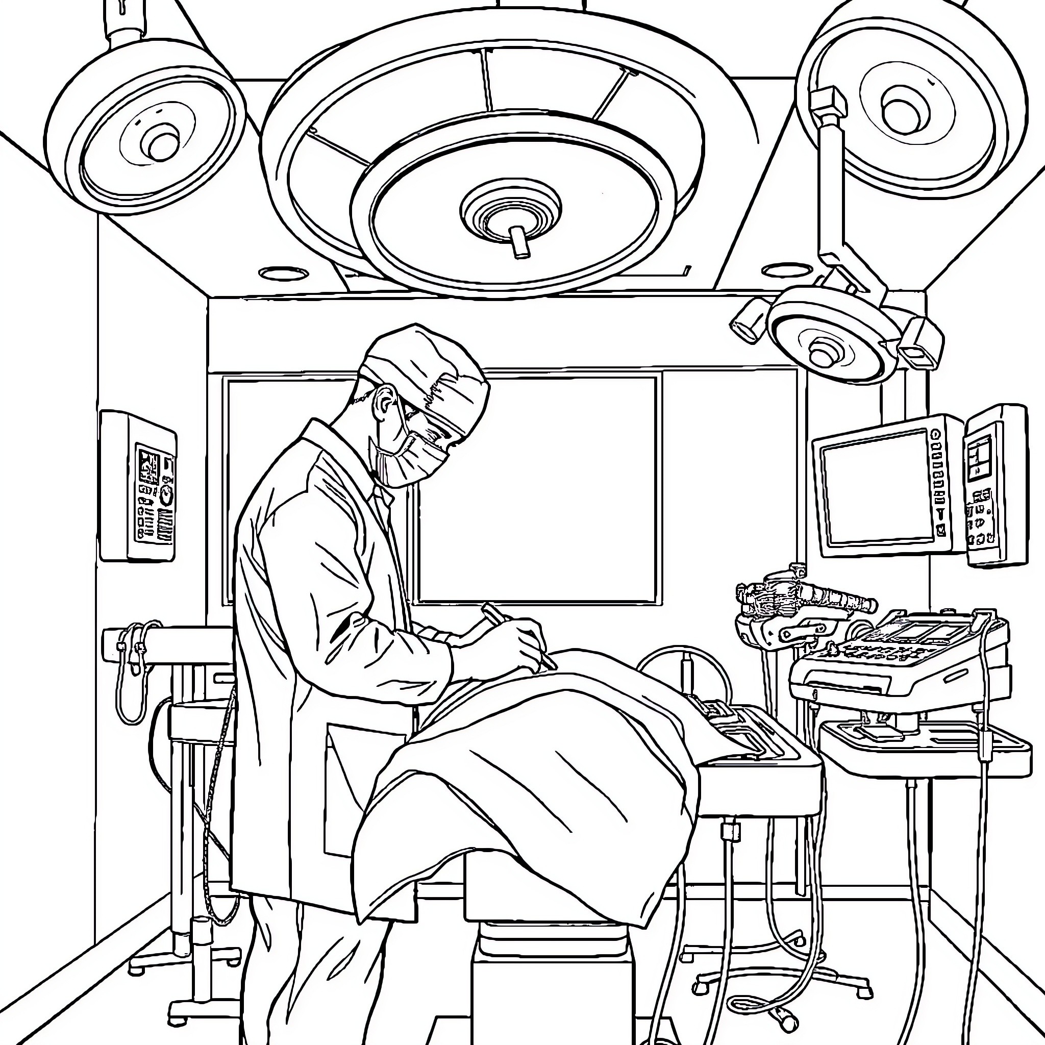 Doctor Performing Surgery in a Medical Facility Coloring Page (free black-and-white line drawing printable PDF for all, from beginners to advanced learners, including children, teens, adults, and seniors)