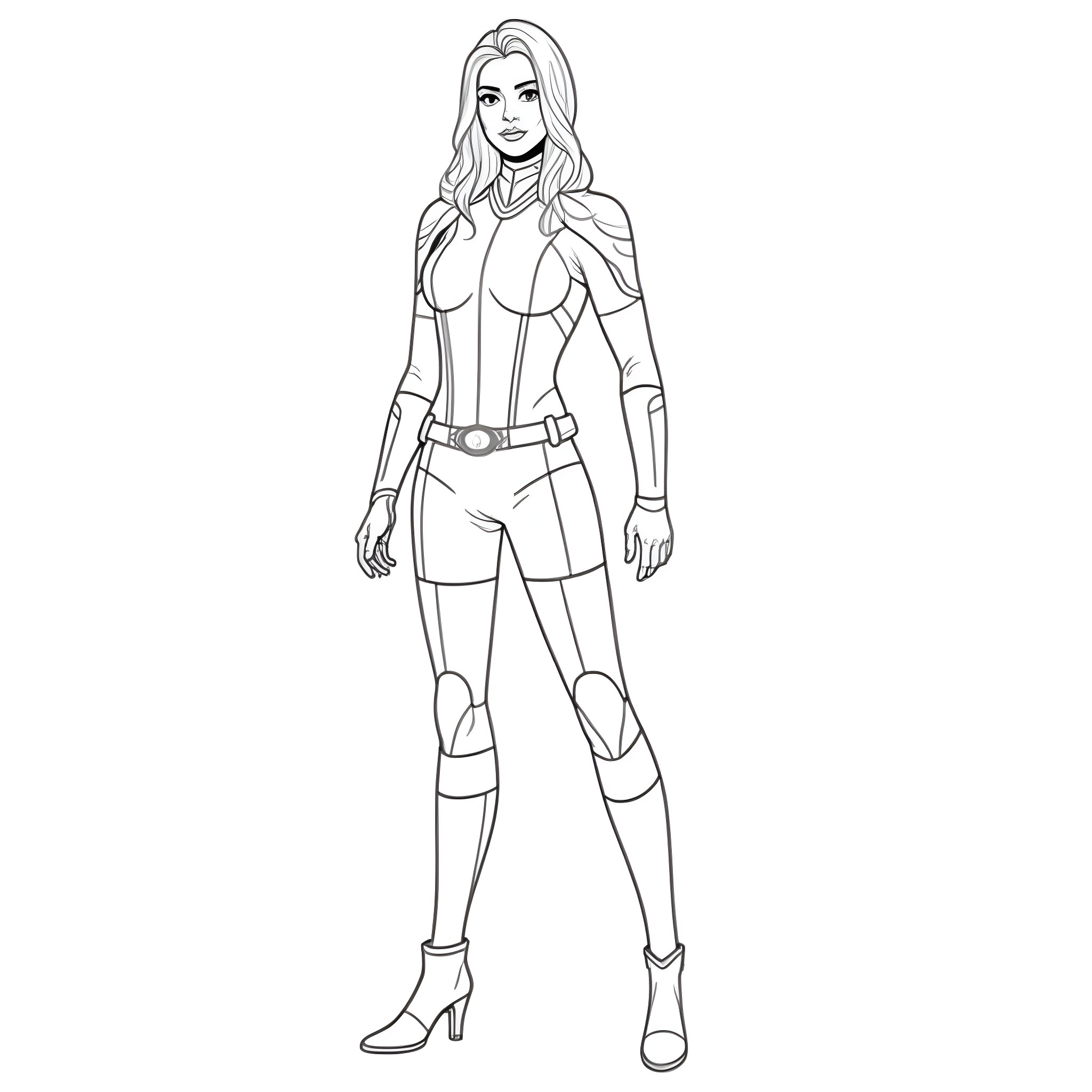 Black Widow in heroic action pose Coloring Page (free black-and-white line drawing printable PDF for all, from beginners to advanced learners, including children, teens, adults, and seniors)