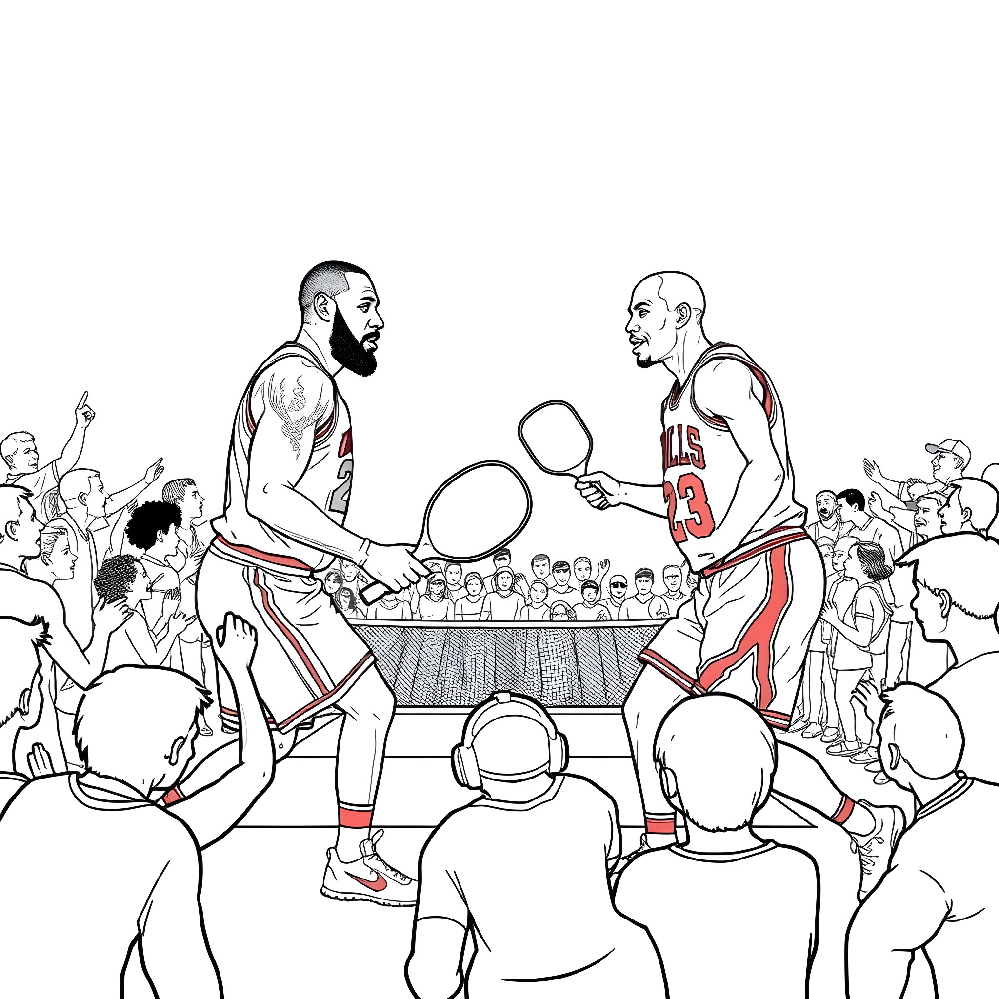 LeBron James and Michael Jordan in an epic basketball showdown Coloring Page (free black-and-white line drawing printable PDF for all, from beginners to advanced learners, including children, teens, adults, and seniors)