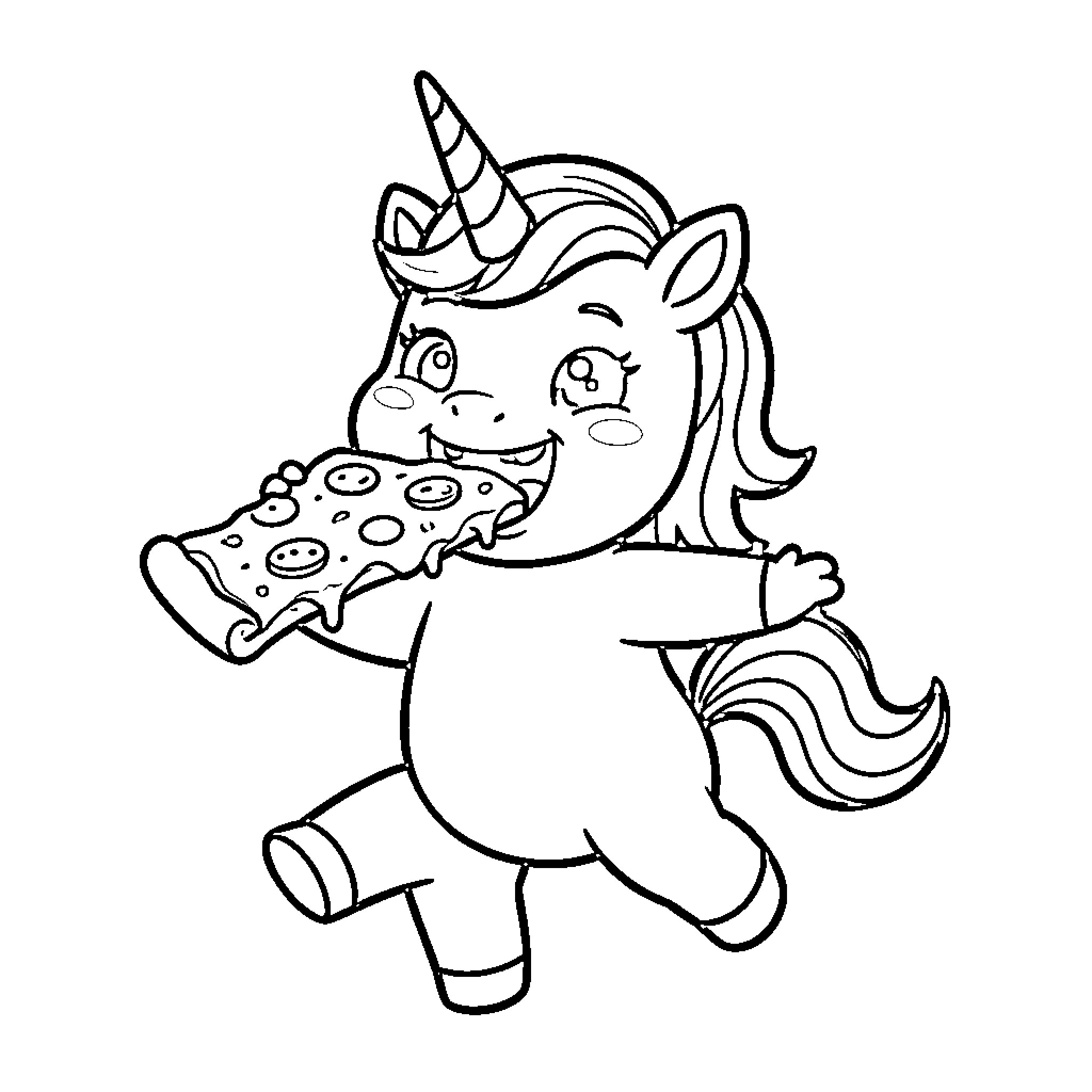 Unicorn happily eating a large slice of pizza Coloring Page (free black-and-white line drawing printable PDF for all, from beginners to advanced learners, including children, teens, adults, and seniors)