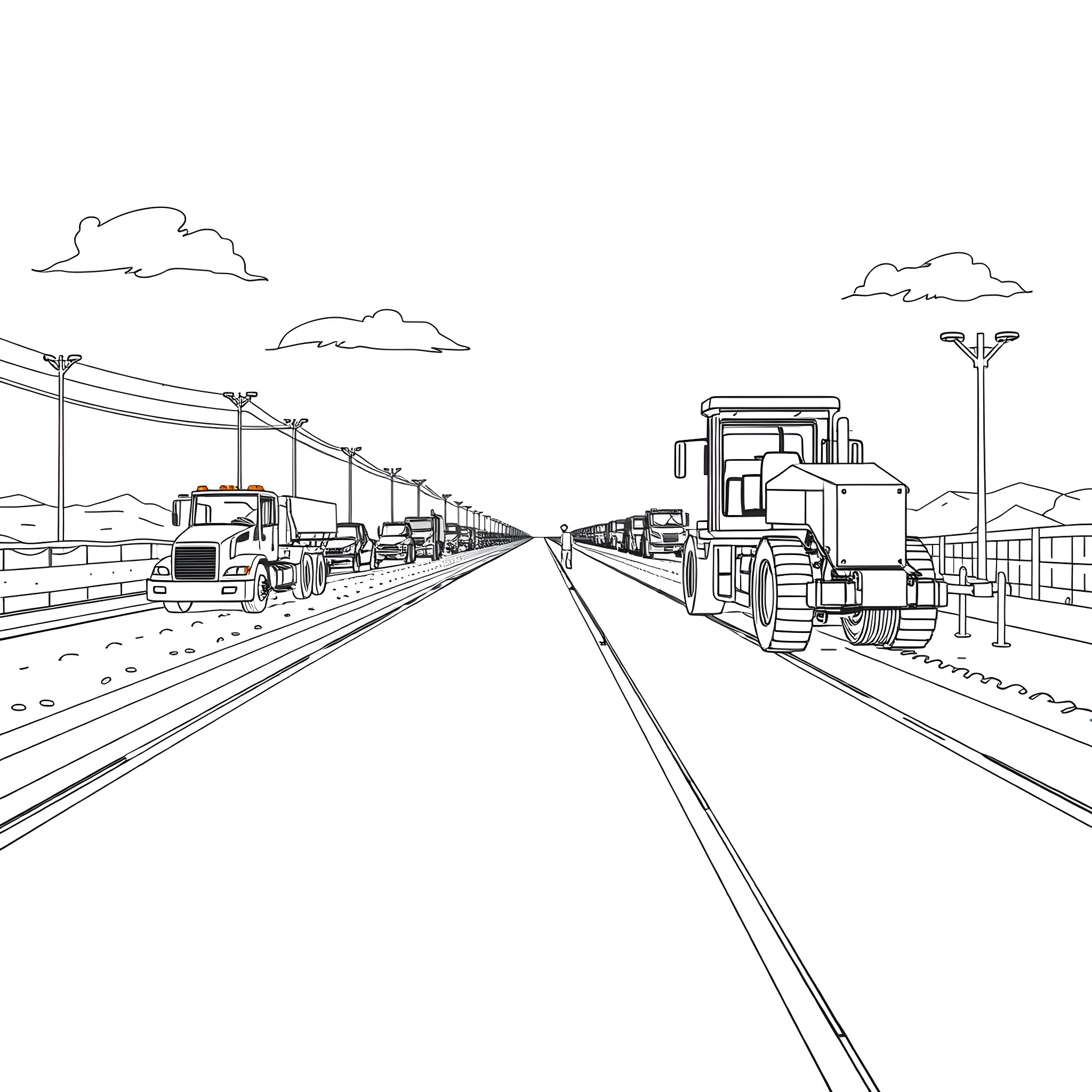 Paving the Way: Construction Vehicles and Infrastructure Coloring Page (free black-and-white line drawing printable PDF for all, from beginners to advanced learners, including children, teens, adults, and seniors)