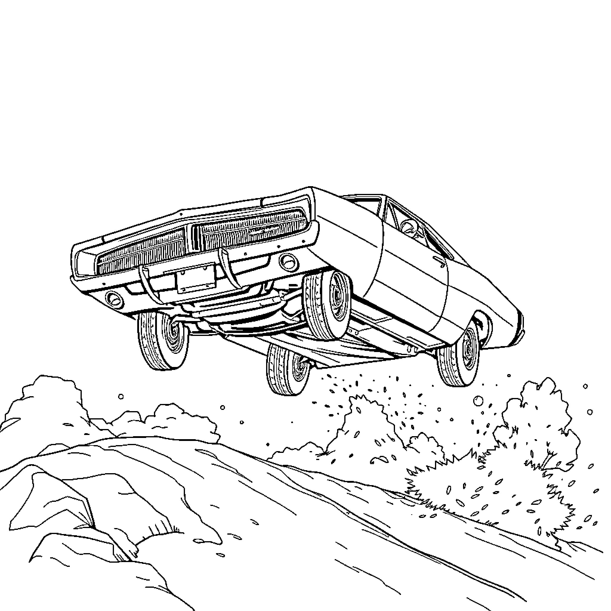Dodge Charger jumps over rugged terrain Coloring Page (free black-and-white line drawing printable PDF for all, from beginners to advanced learners, including children, teens, adults, and seniors)