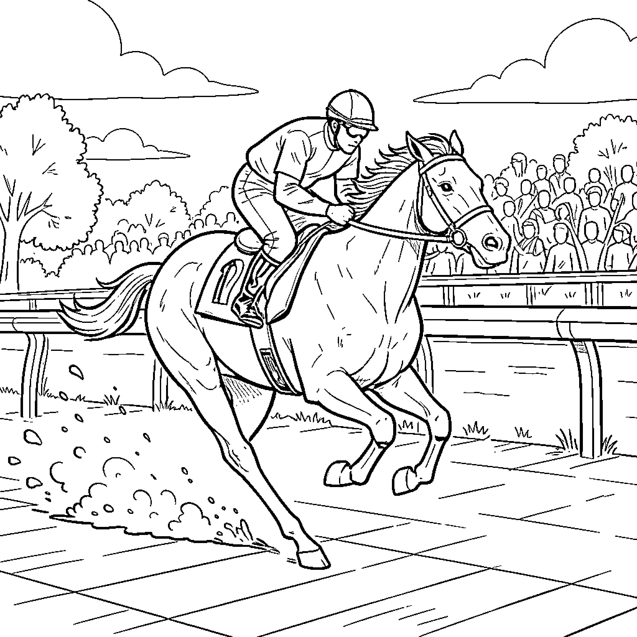 Horse racing fast with a jockey on a track Coloring Page (free black-and-white line drawing printable PDF for all, from beginners to advanced learners, including children, teens, adults, and seniors)