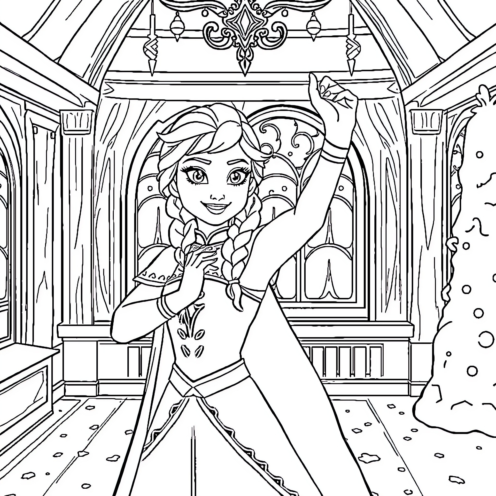 Anna's Enchanting Dance in the Ballroom Coloring Page (free black-and-white line drawing printable PDF for all, from beginners to advanced learners, including children, teens, adults, and seniors)