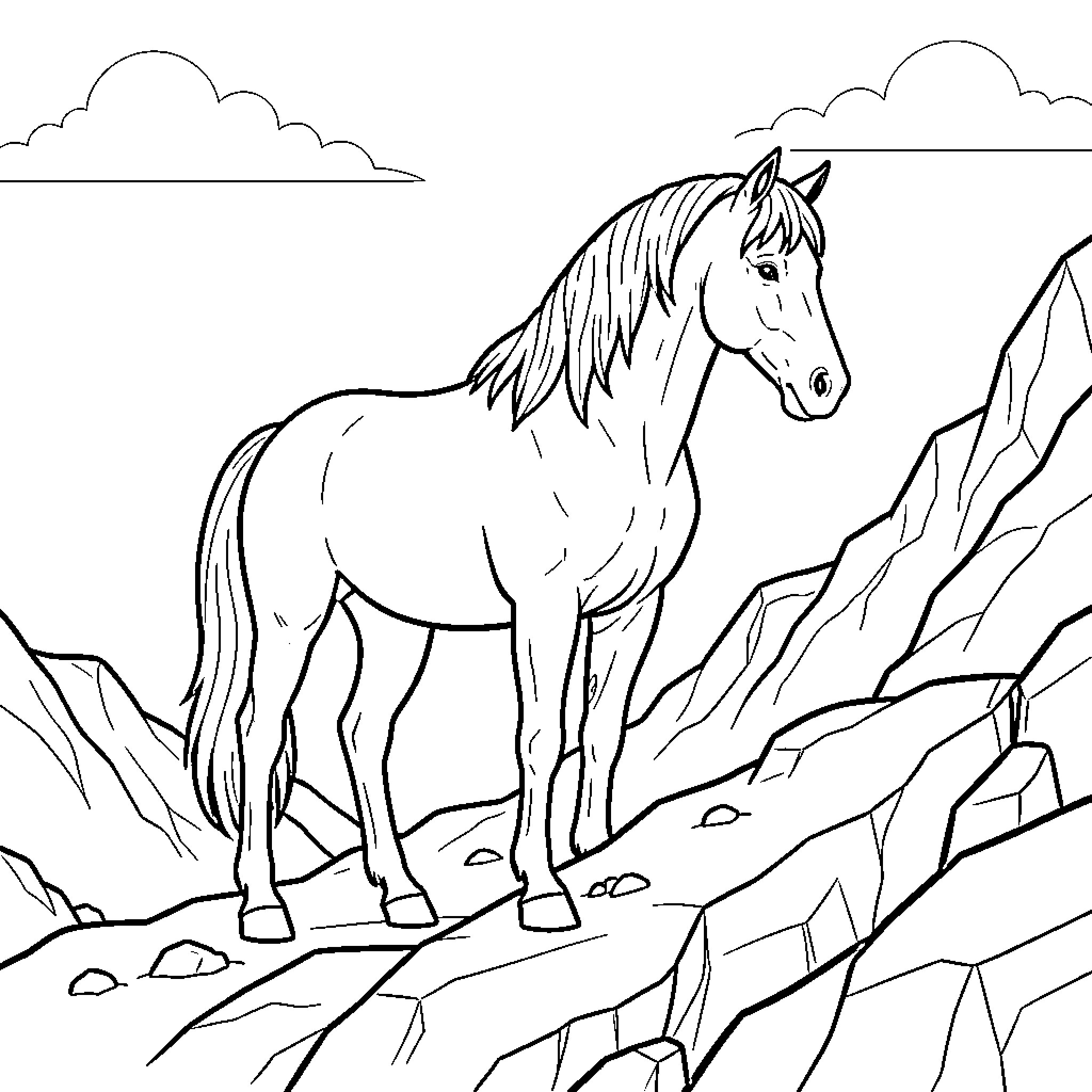 Horse standing majestically on a rocky mountain terrain Coloring Page (free black-and-white line drawing printable PDF for all, from beginners to advanced learners, including children, teens, adults, and seniors)