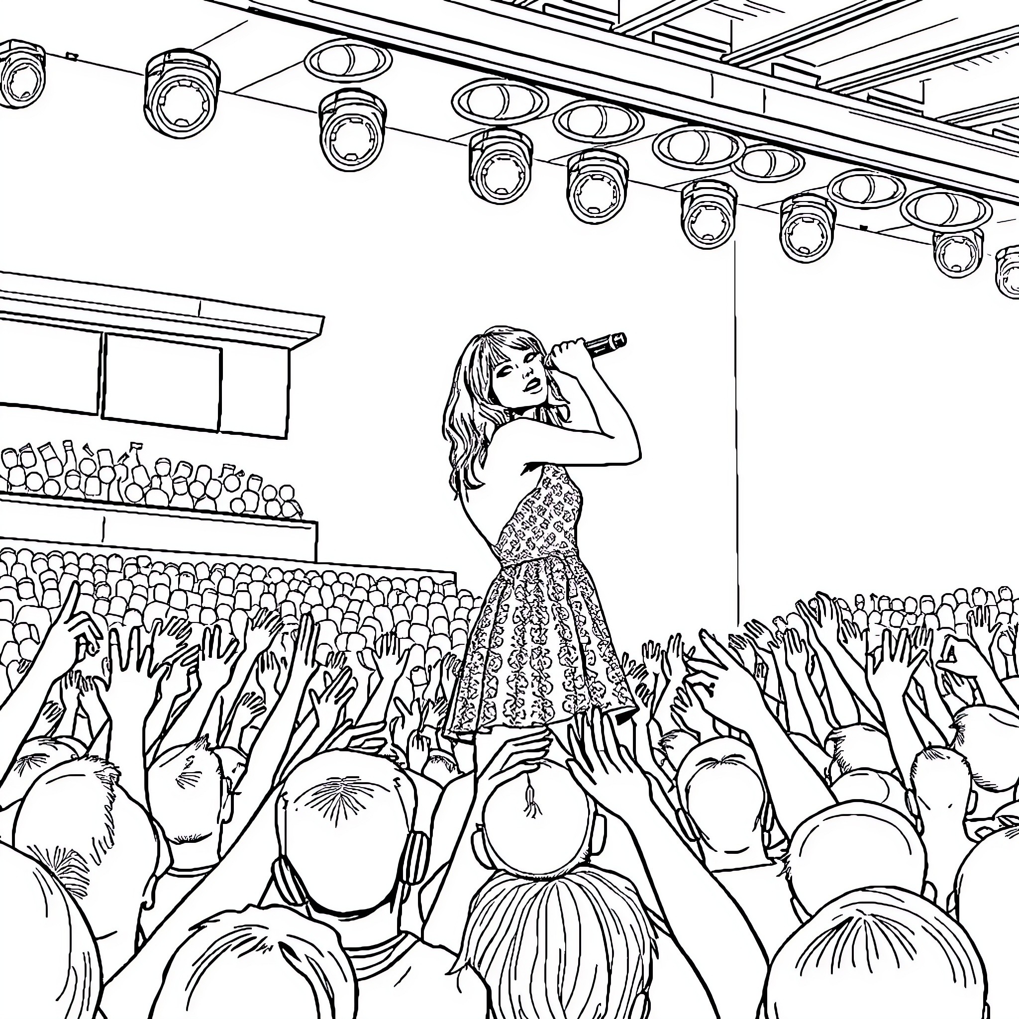 Taylor Swift Captivates Audience on Stage Coloring Page (free black-and-white line drawing printable PDF for all, from beginners to advanced learners, including children, teens, adults, and seniors)