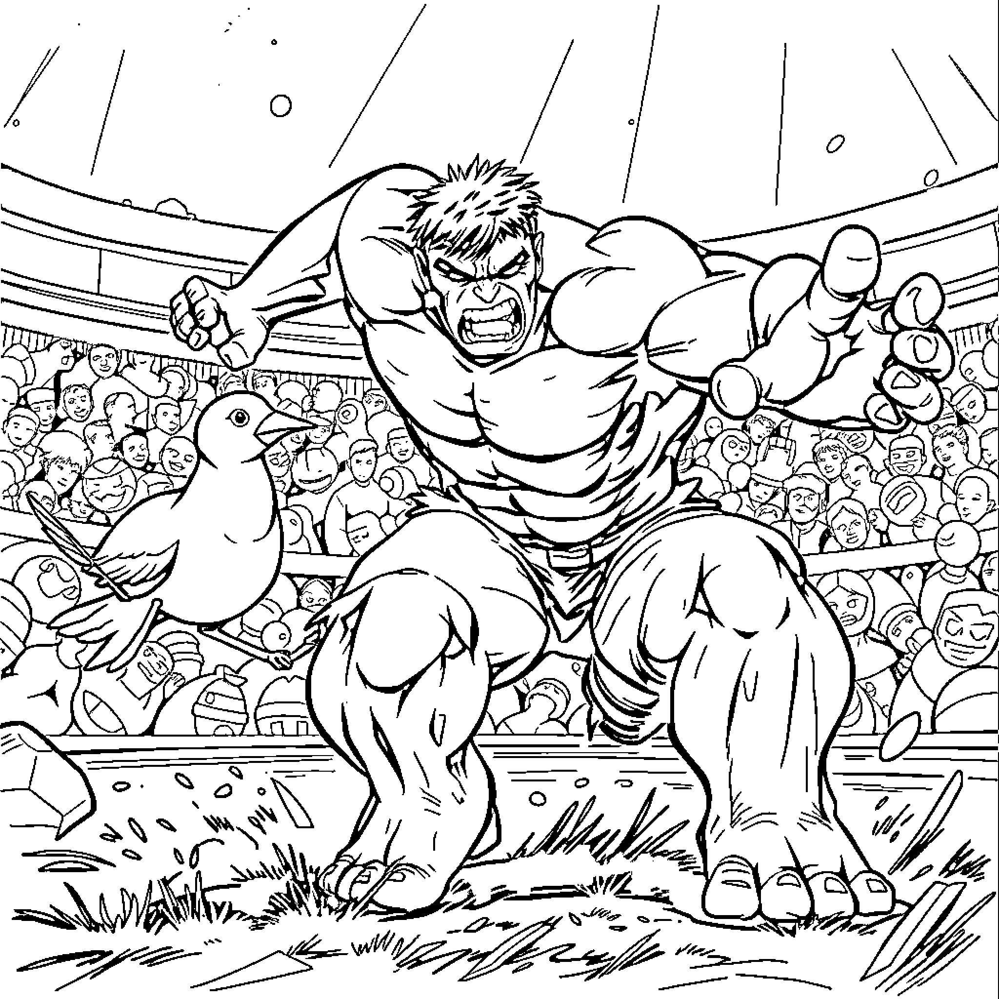 Hulk Raging in the Arena with Spectators Coloring Page (free black-and-white line drawing printable PDF for all, from beginners to advanced learners, including children, teens, adults, and seniors)