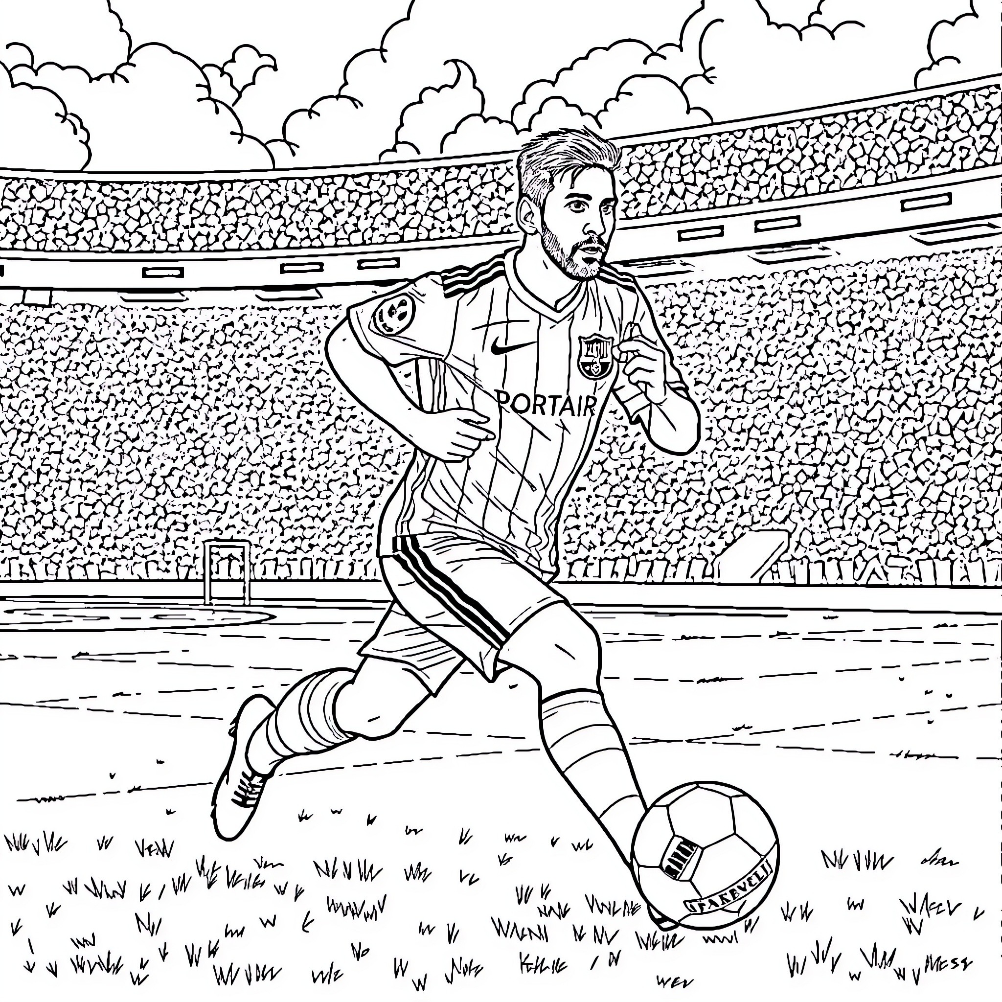 Messi on the soccer field in action Coloring Page (free black-and-white line drawing printable PDF for all, from beginners to advanced learners, including children, teens, adults, and seniors)