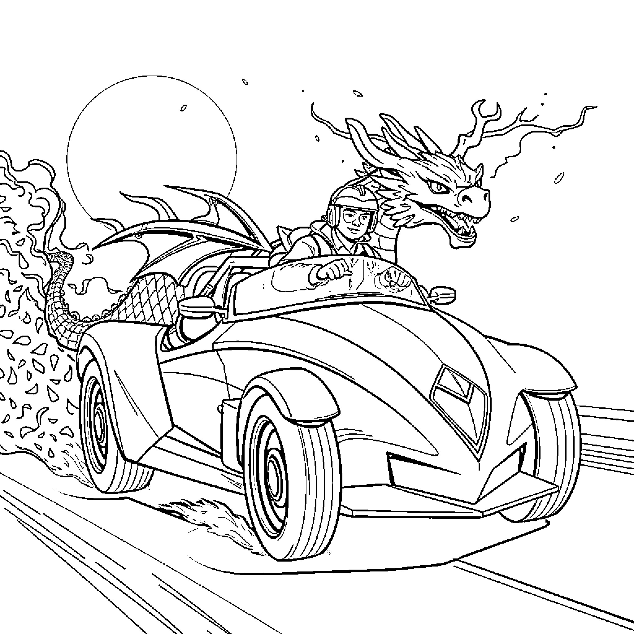 Race Car Driver Speeds Away on Futuristic Vehicle Coloring Page (free black-and-white line drawing printable PDF for all, from beginners to advanced learners, including children, teens, adults, and seniors)
