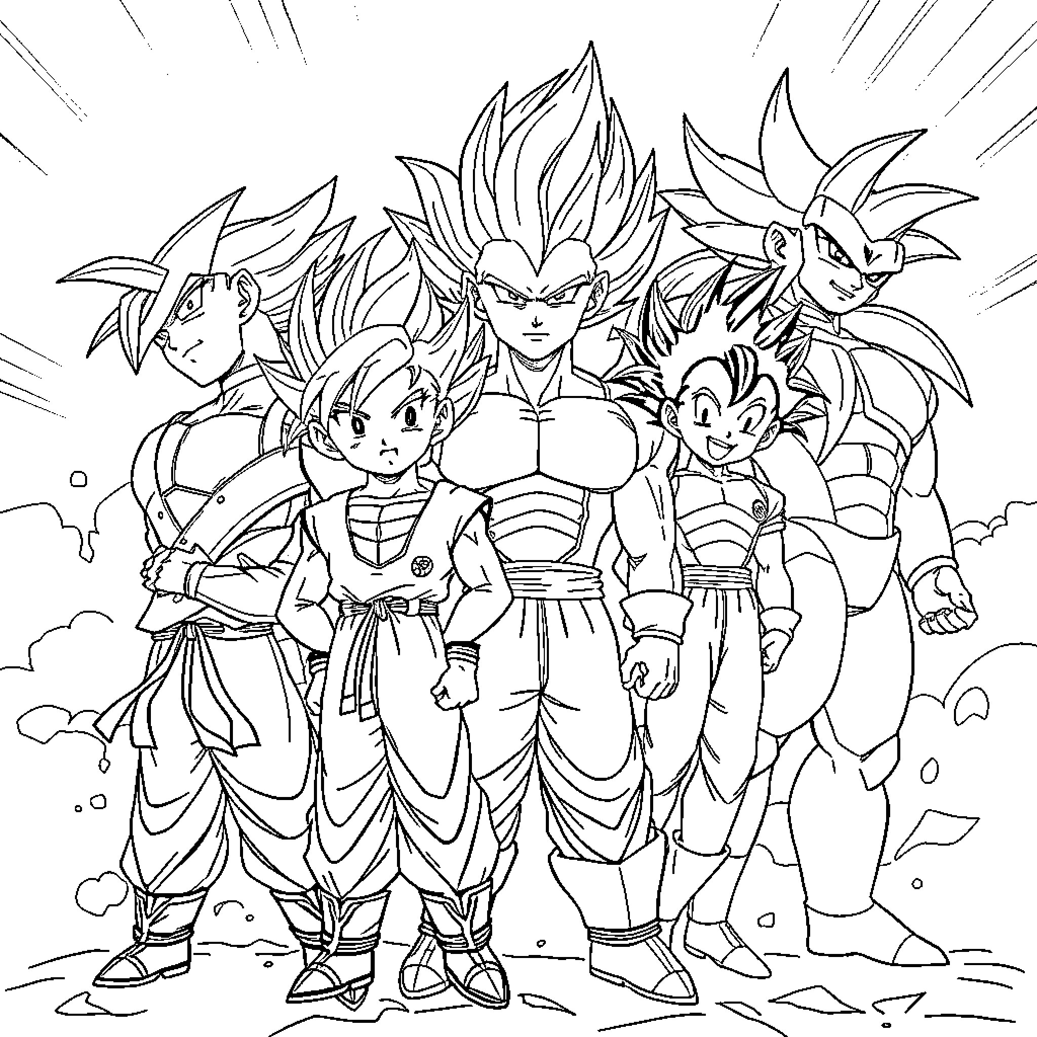 Goku and his friends in intense battle stances Coloring Page (free black-and-white line drawing printable PDF for all, from beginners to advanced learners, including children, teens, adults, and seniors)
