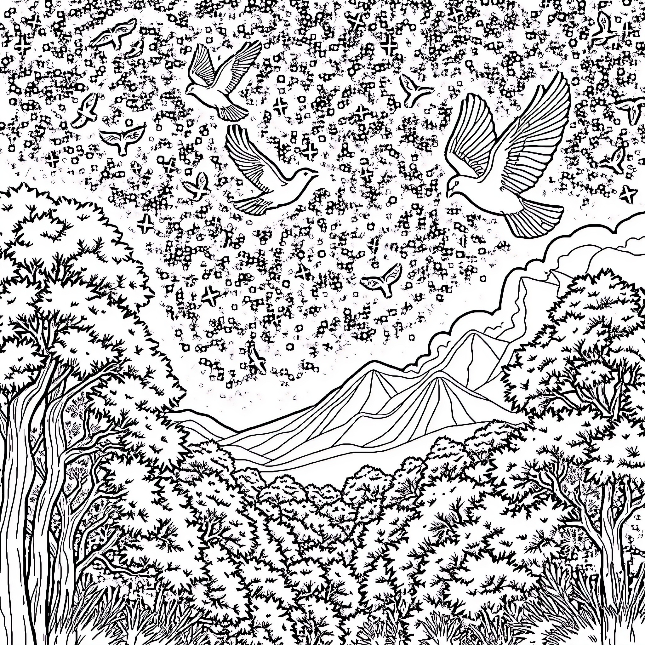 Birds soaring in a whimsical woodland landscape Coloring Page (free black-and-white line drawing printable PDF for all, from beginners to advanced learners, including children, teens, adults, and seniors)