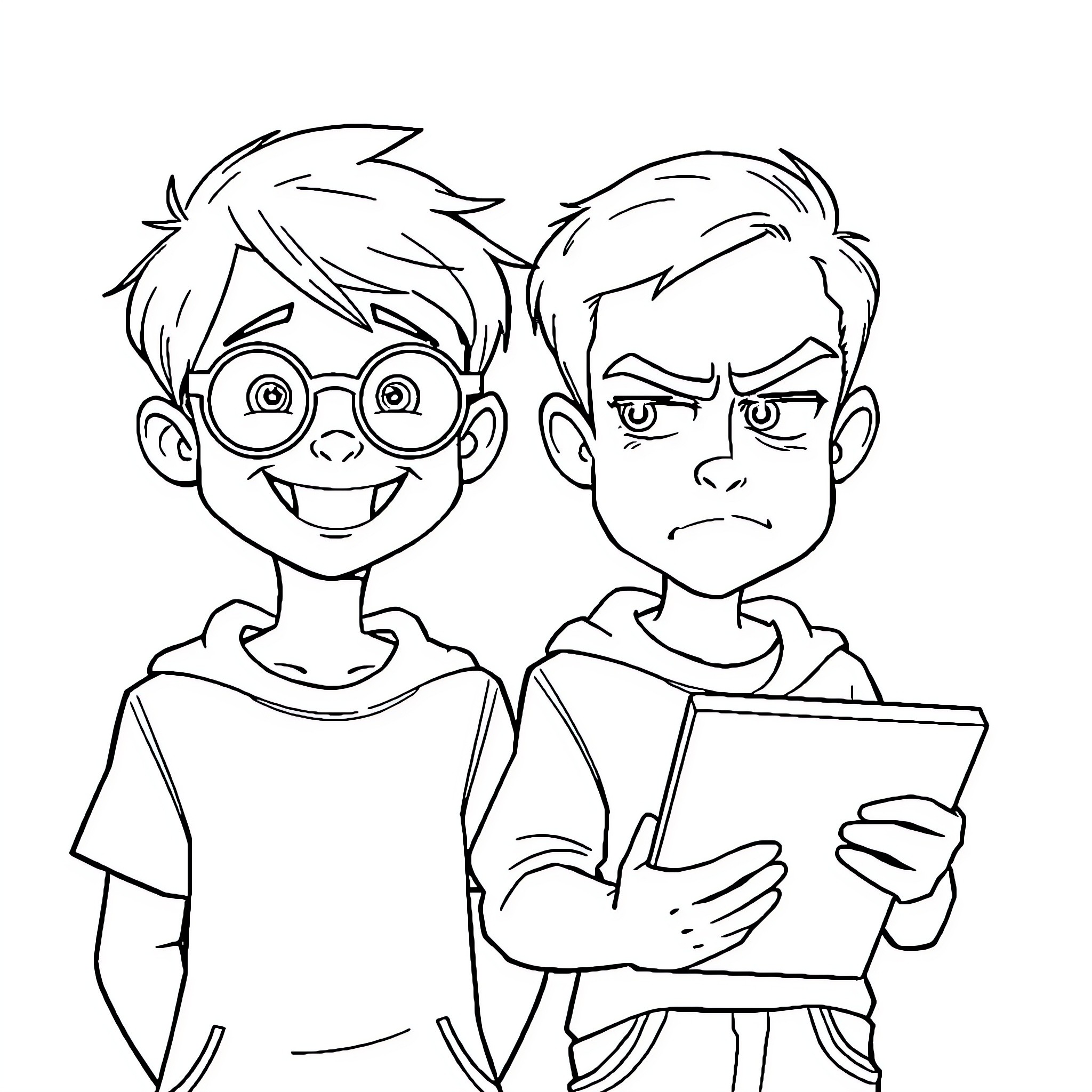 Boy's Contrasting Expressions: Cheerful and Frustrated Coloring Page (free black-and-white line drawing printable PDF for all, from beginners to advanced learners, including children, teens, adults, and seniors)