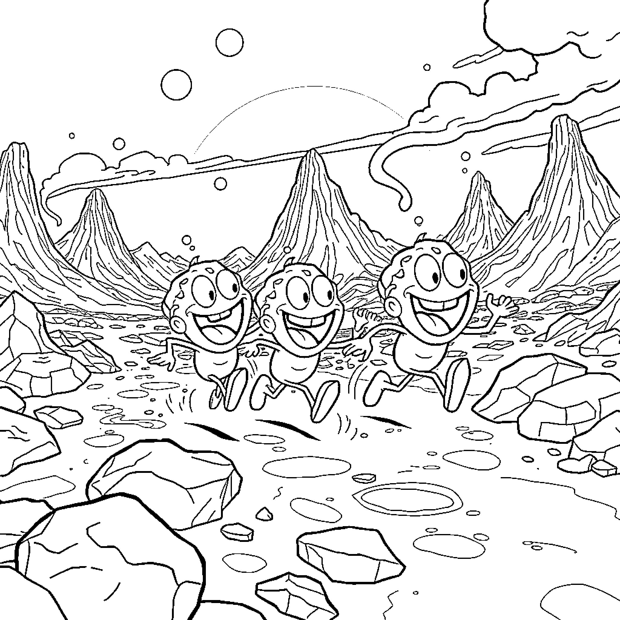 Brainrot Characters Happily Exploring Surreal Landscape Coloring Page (free black-and-white line drawing printable PDF for all, from beginners to advanced learners, including children, teens, adults, and seniors)