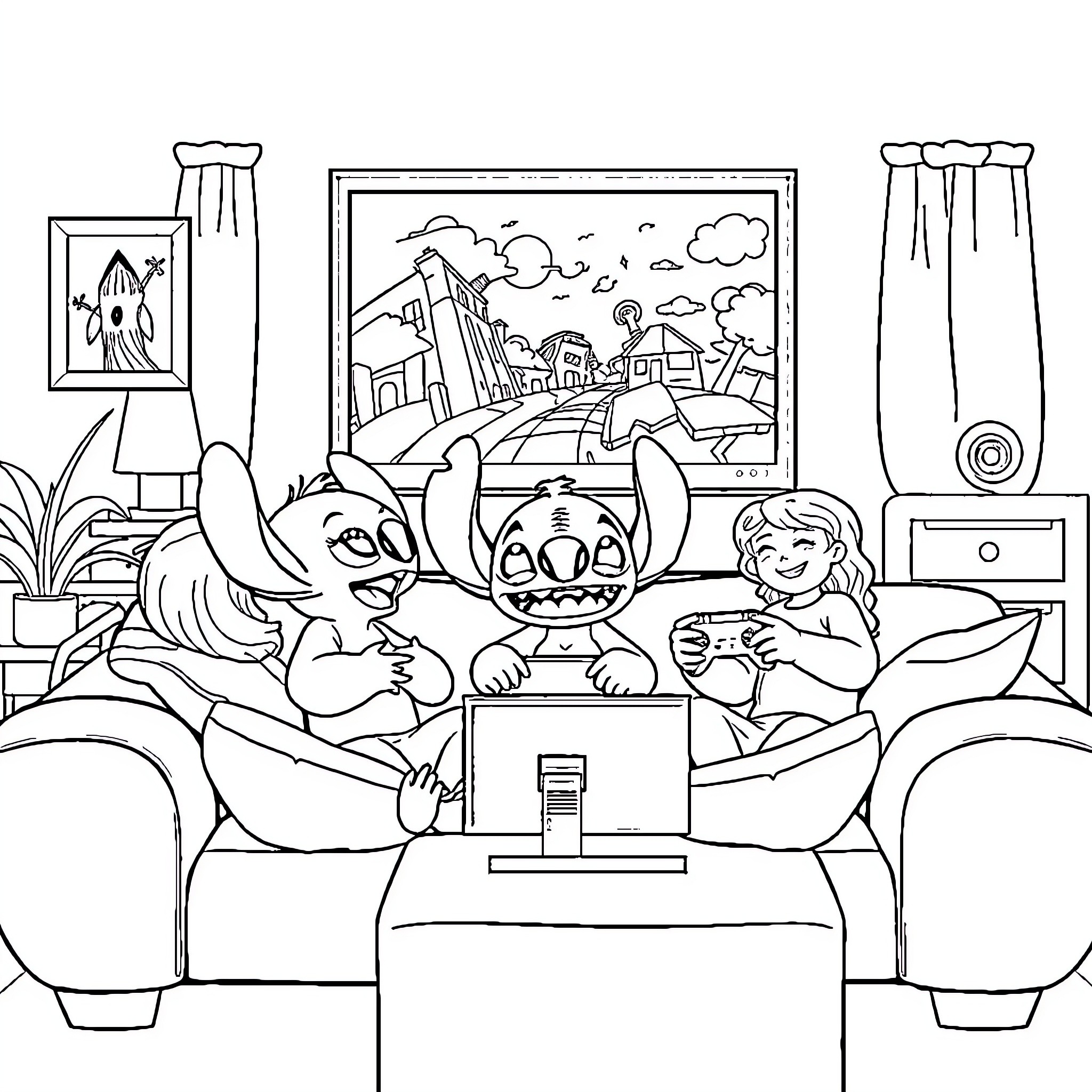 Stitch and Lilo enjoy video game in cozy living room Coloring Page (free black-and-white line drawing printable PDF for all, from beginners to advanced learners, including children, teens, adults, and seniors)