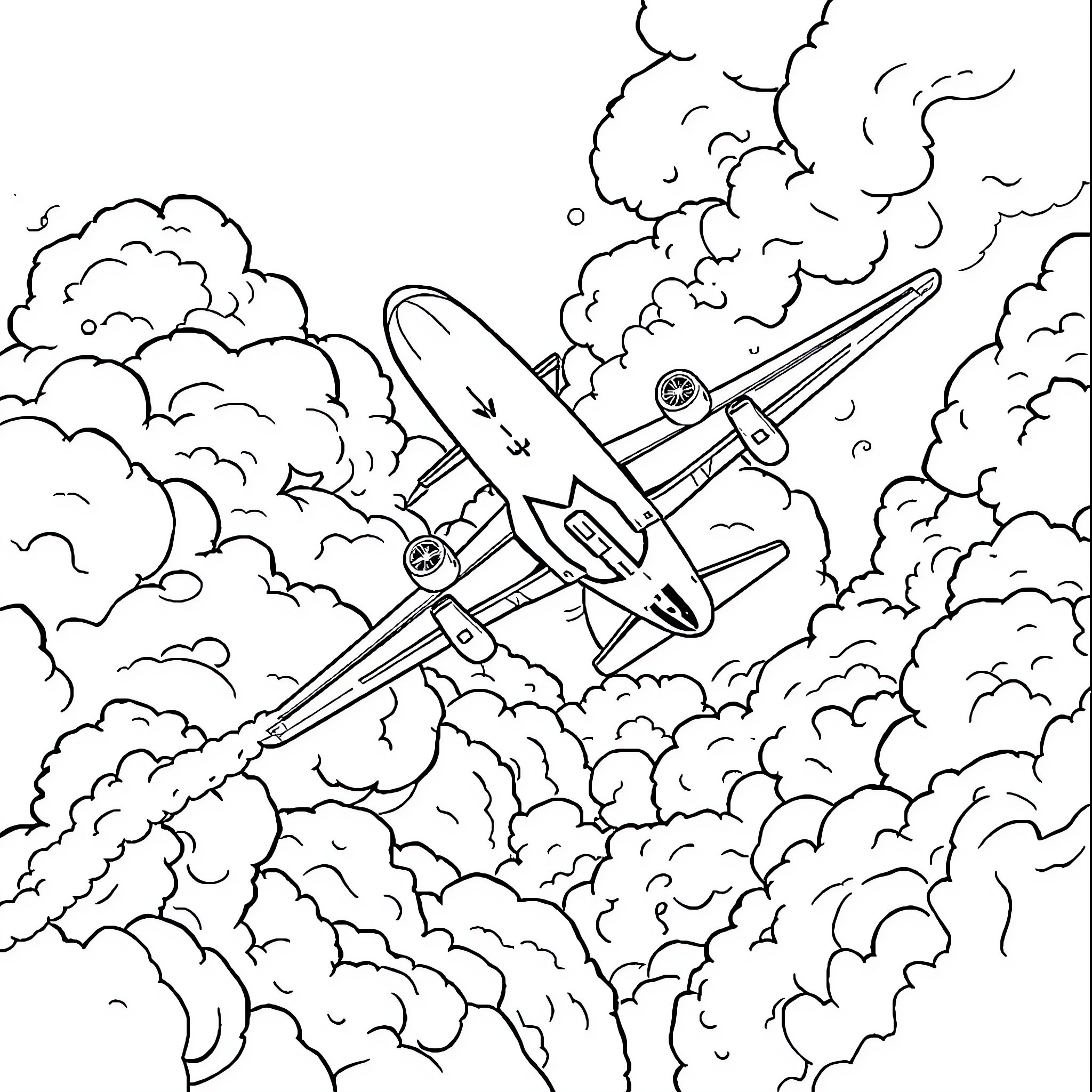 Plane soaring through cloudy skies Coloring Page (free black-and-white line drawing printable PDF for all, from beginners to advanced learners, including children, teens, adults, and seniors)