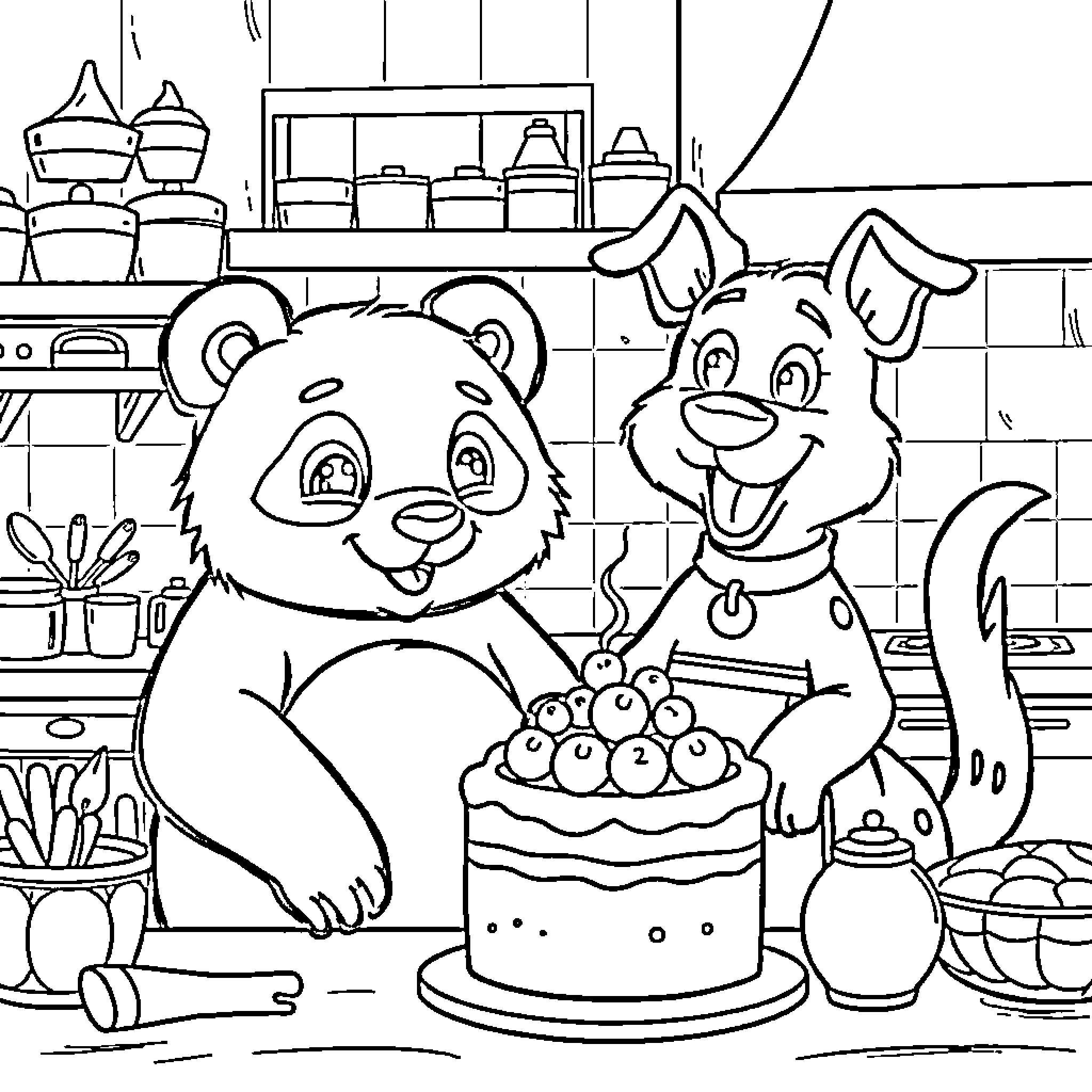 Panda and puppy baking together in kitchen Coloring Page (free black-and-white line drawing printable PDF for all, from beginners to advanced learners, including children, teens, adults, and seniors)