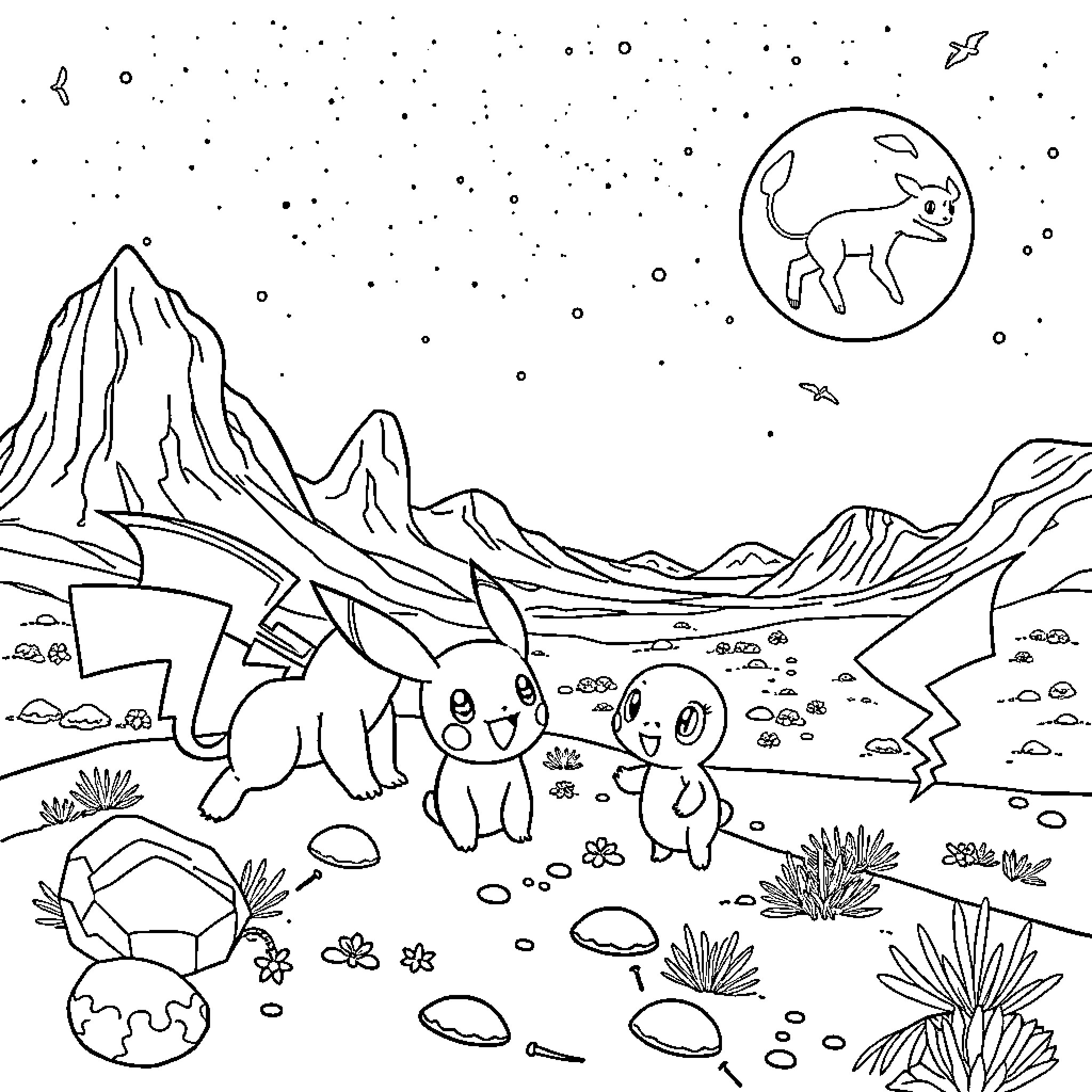 Pokémon exploring a magical cosmic landscape Coloring Page (free black-and-white line drawing printable PDF for all, from beginners to advanced learners, including children, teens, adults, and seniors)