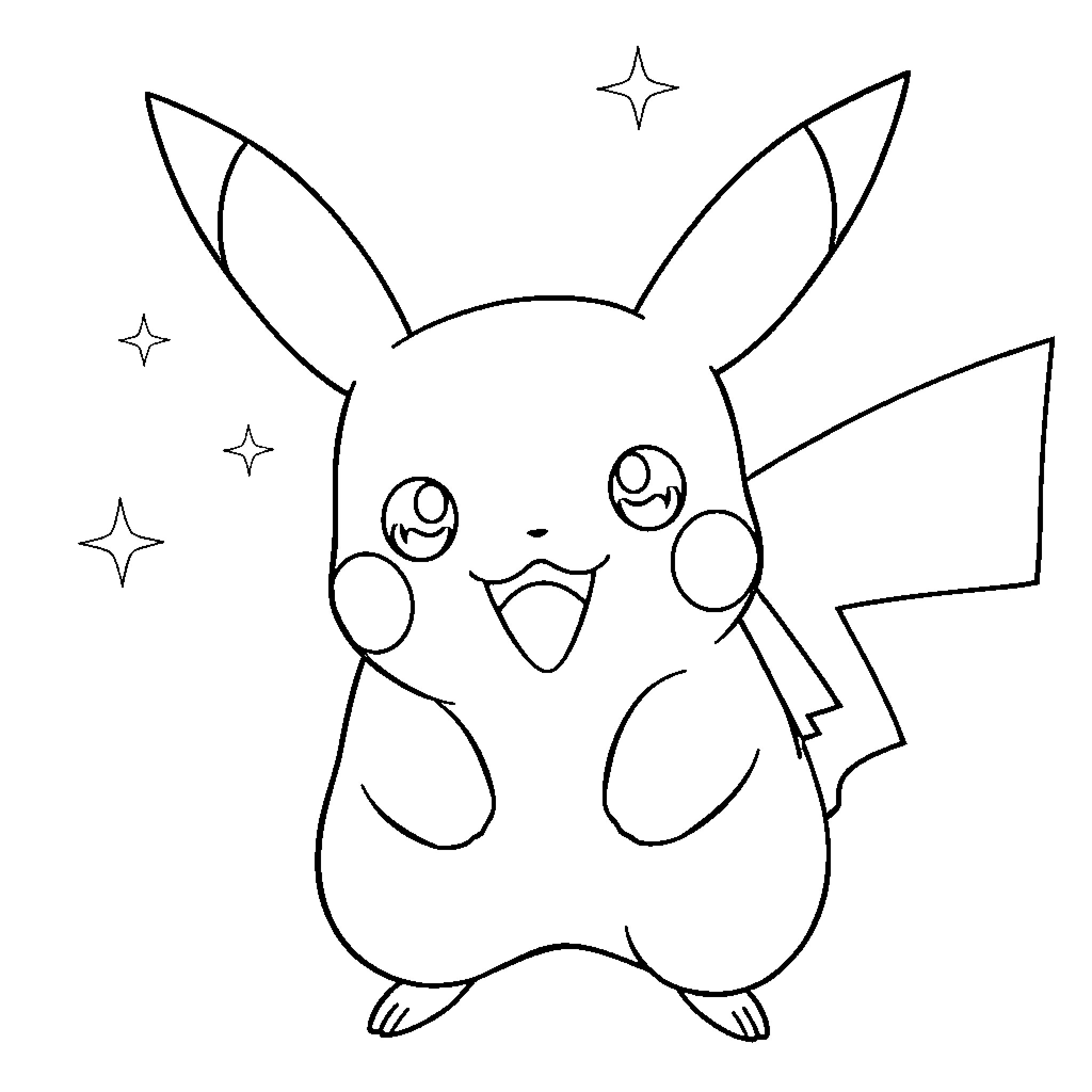 Pikachu smiling with sparkling stars Coloring Page (free black-and-white line drawing printable PDF for all, from beginners to advanced learners, including children, teens, adults, and seniors)