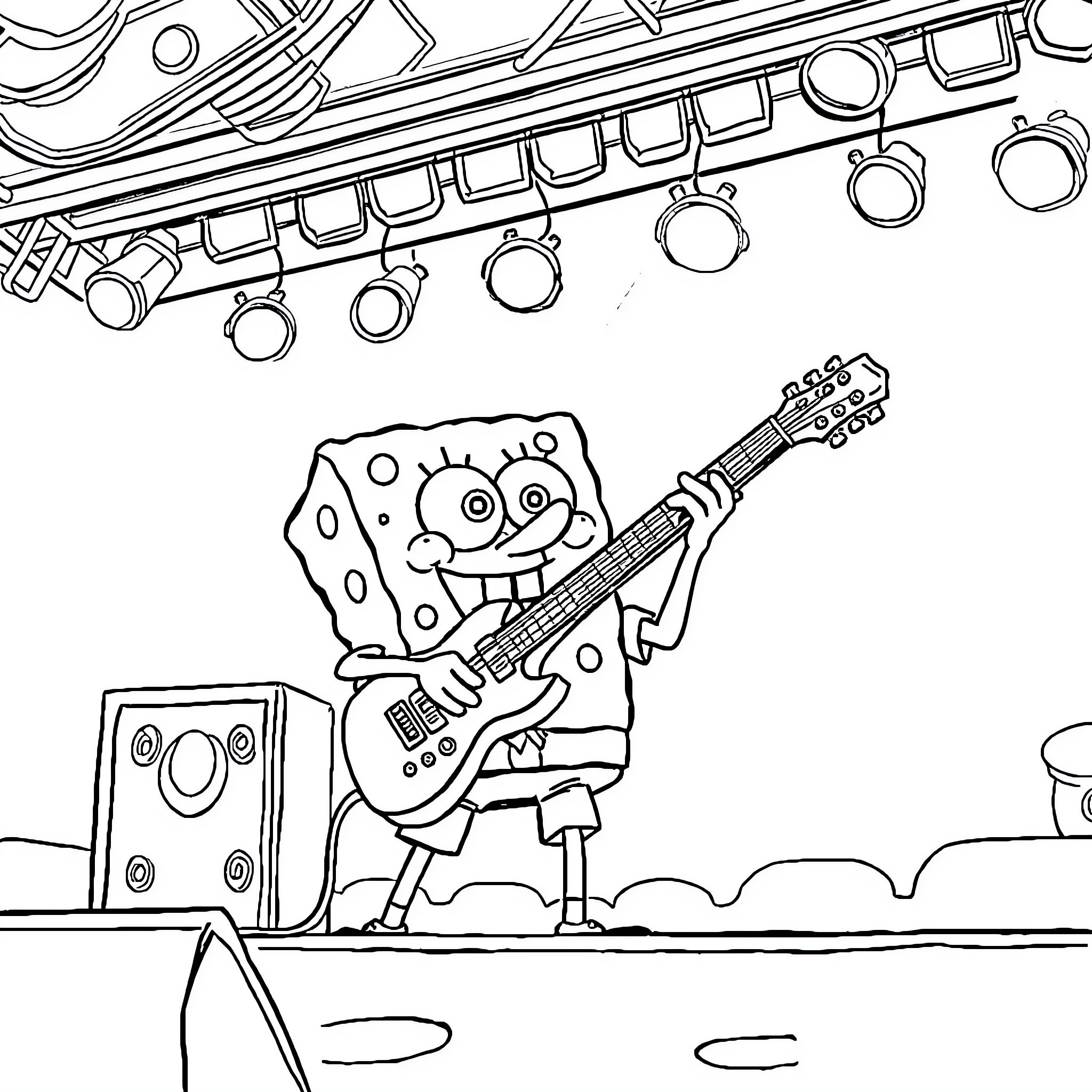 Spongebob rocking out on stage with guitar Coloring Page (free black-and-white line drawing printable PDF for all, from beginners to advanced learners, including children, teens, adults, and seniors)