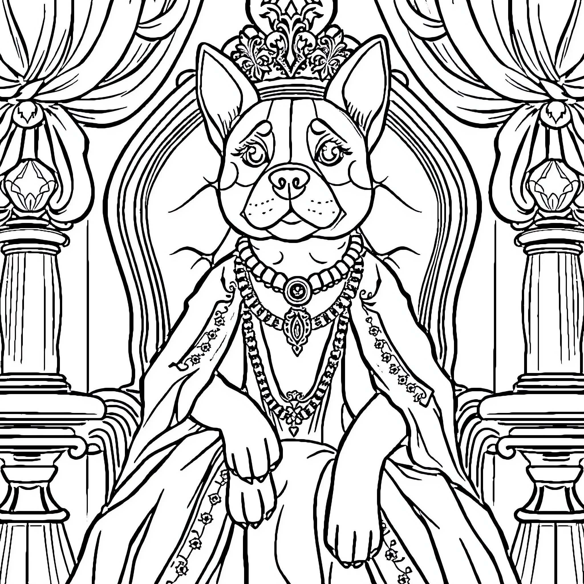 Princess Feline Posing Regally in Opulent Setting Coloring Page (free black-and-white line drawing printable PDF for all, from beginners to advanced learners, including children, teens, adults, and seniors)