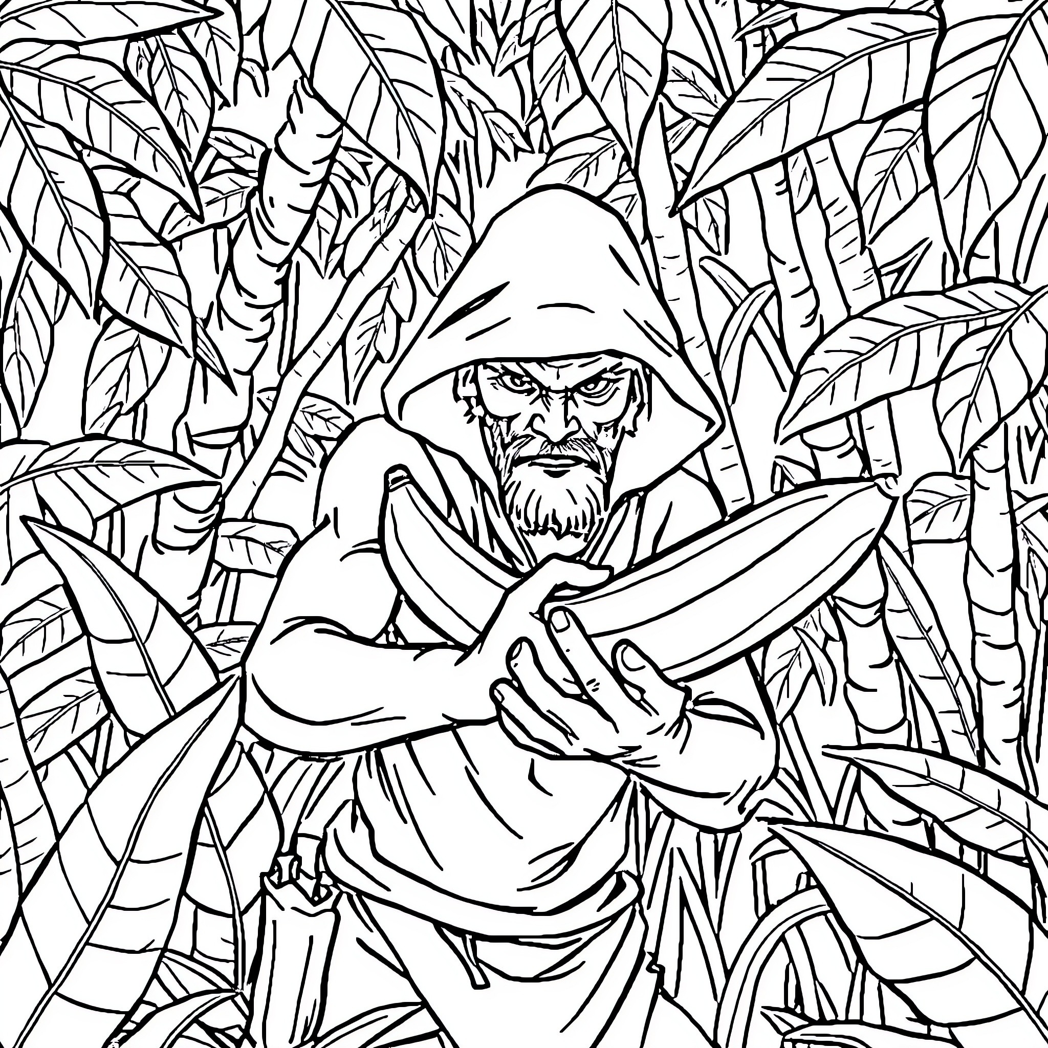 Man wielding a knife in a dense forest Coloring Page (free black-and-white line drawing printable PDF for all, from beginners to advanced learners, including children, teens, adults, and seniors)