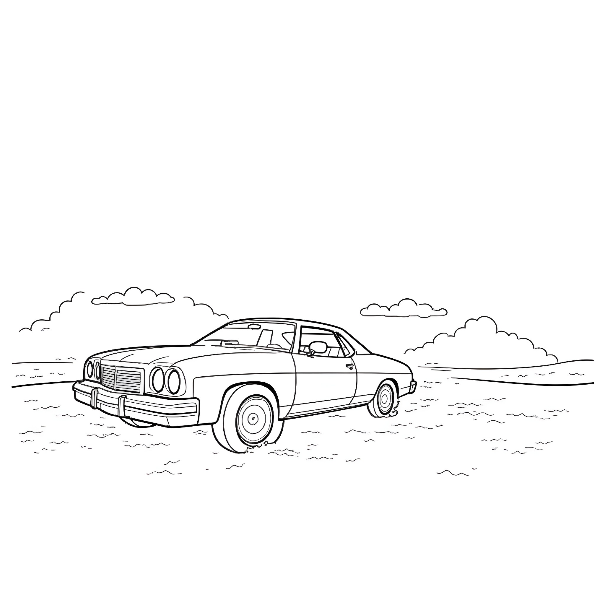 Boy in retro car on the road Coloring Page (free black-and-white line drawing printable PDF for all, from beginners to advanced learners, including children, teens, adults, and seniors)