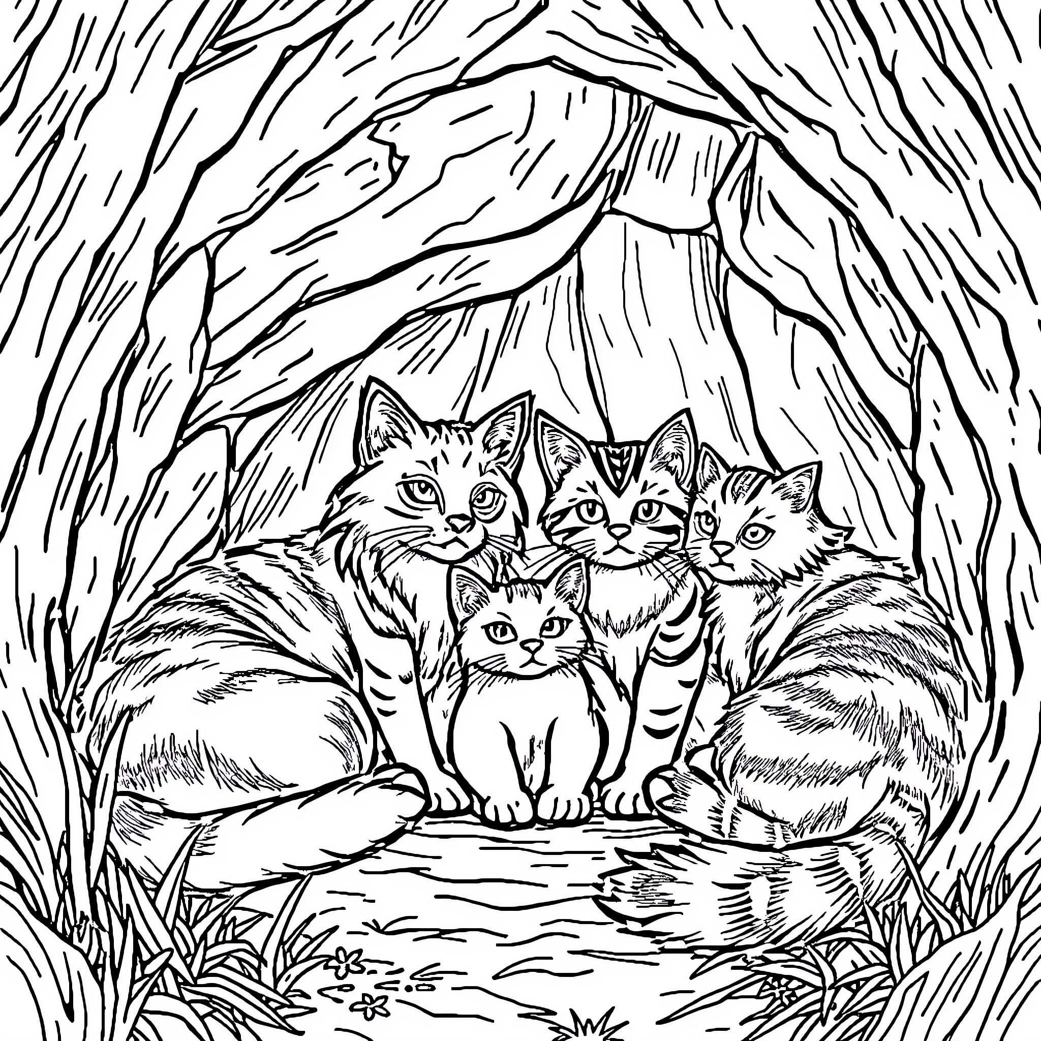 Cat family in the forest Coloring Page (free black-and-white line drawing printable PDF for all, from beginners to advanced learners, including children, teens, adults, and seniors)