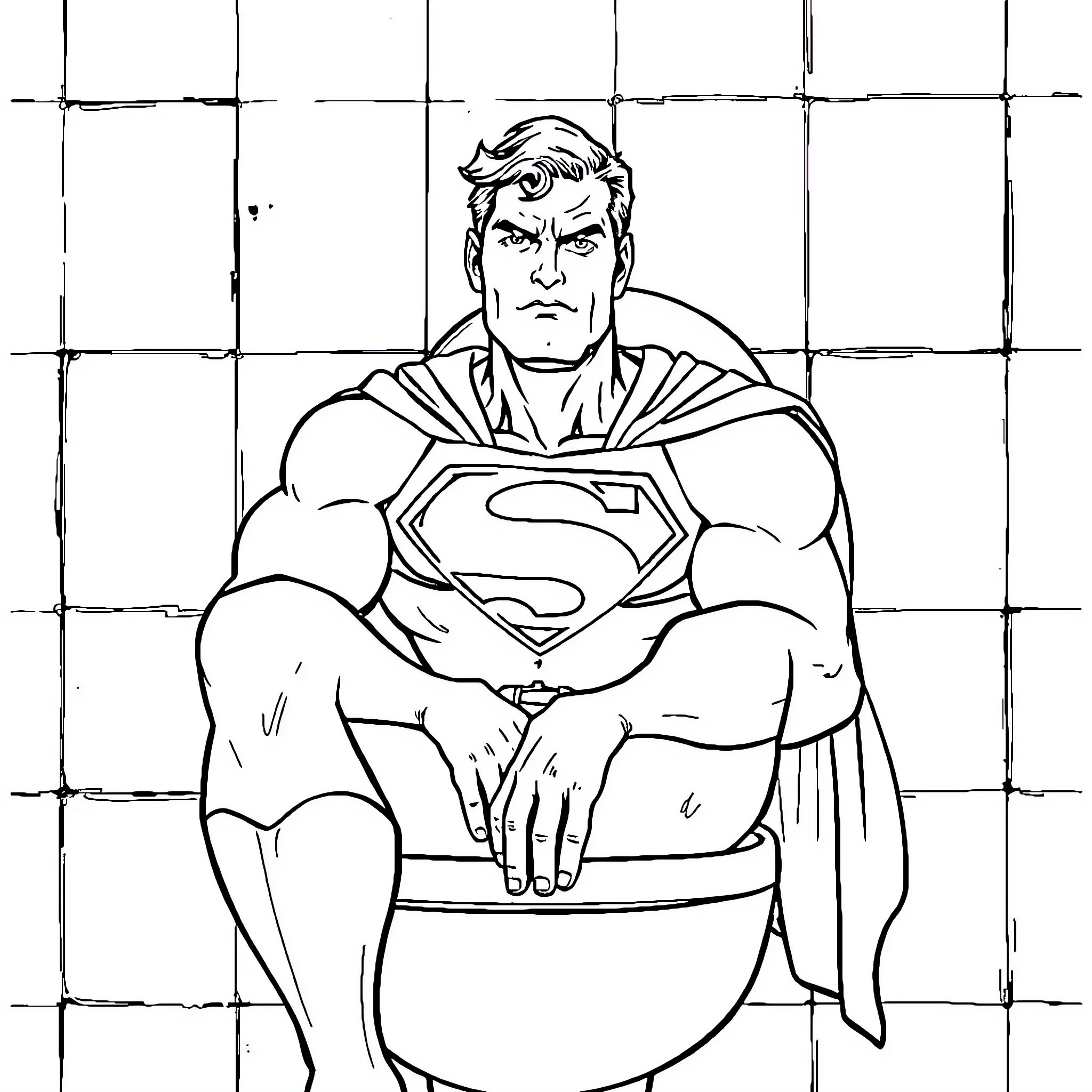Superman in a pensive pose Coloring Page (free black-and-white line drawing printable PDF for all, from beginners to advanced learners, including children, teens, adults, and seniors)