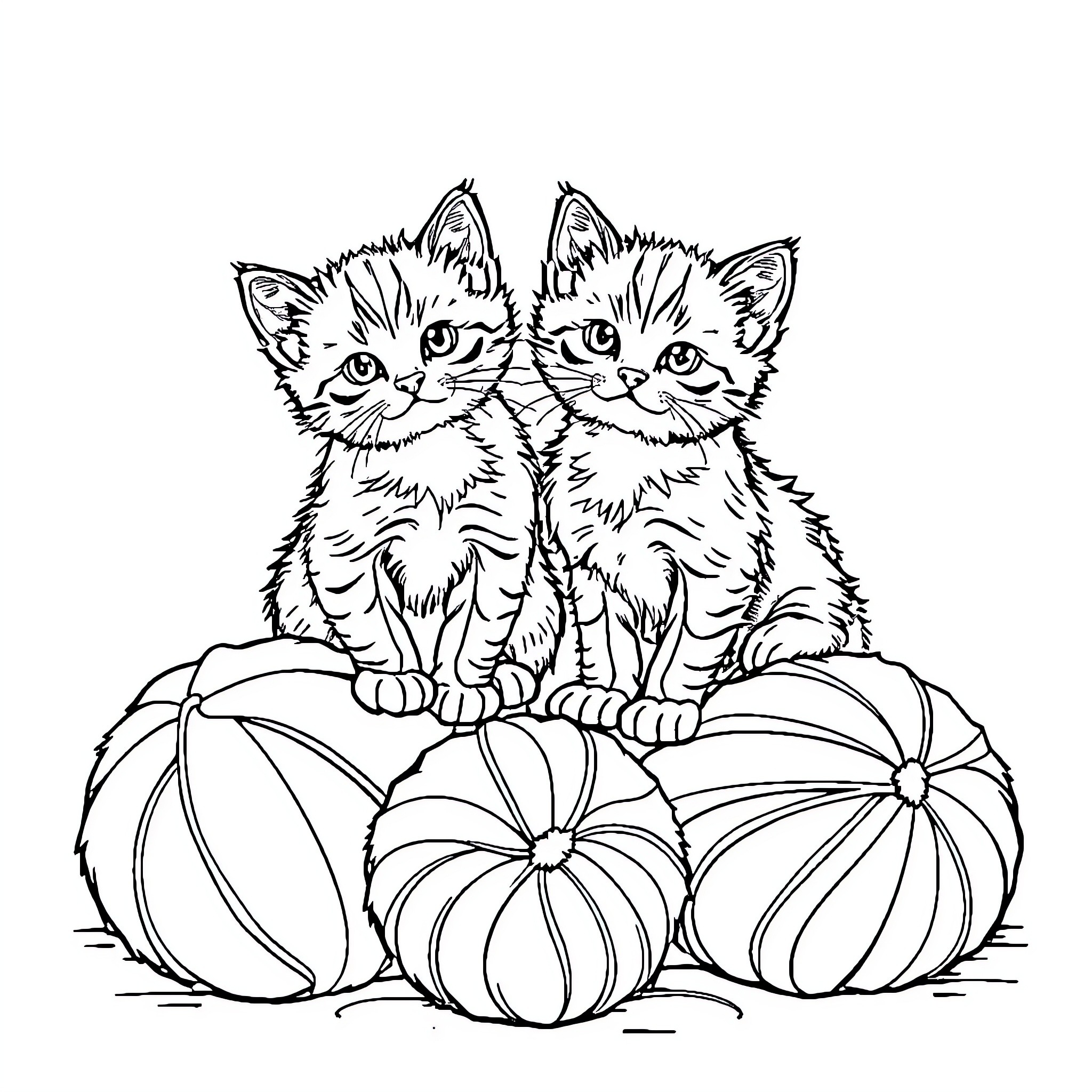 Kittens perched on autumn gourds Coloring Page (free black-and-white line drawing printable PDF for all, from beginners to advanced learners, including children, teens, adults, and seniors)