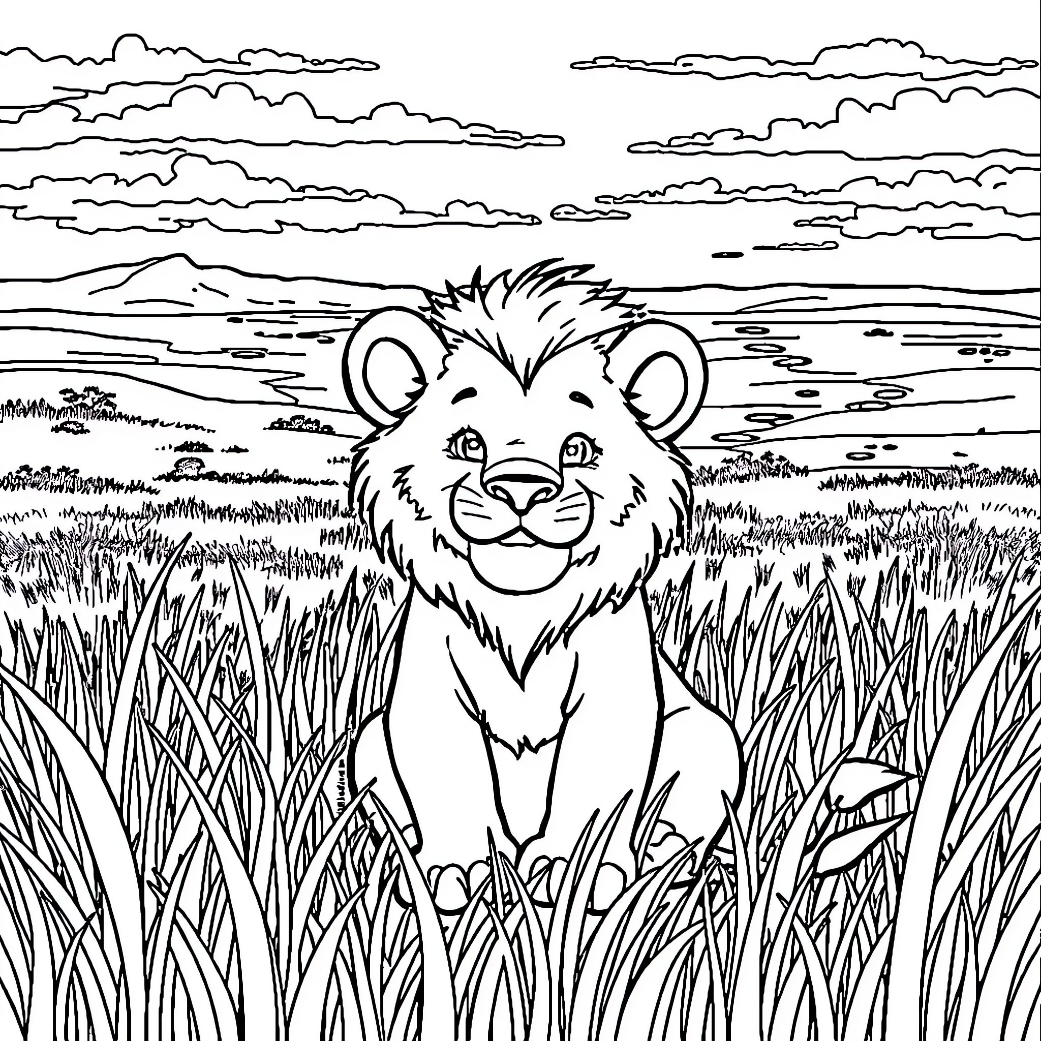 Lion resting peacefully in grassy field Coloring Page (free black-and-white line drawing printable PDF for all, from beginners to advanced learners, including children, teens, adults, and seniors)