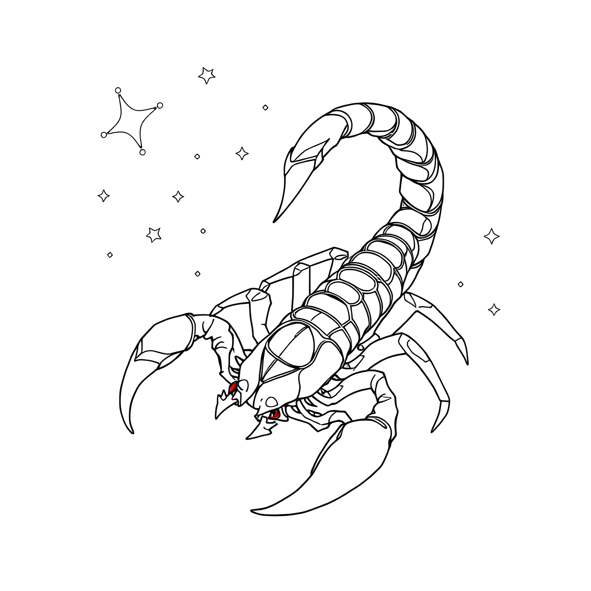 Scorpio scorpion illustration under starry night sky Coloring Page (free black-and-white line drawing printable PDF for all, from beginners to advanced learners, including children, teens, adults, and seniors)
