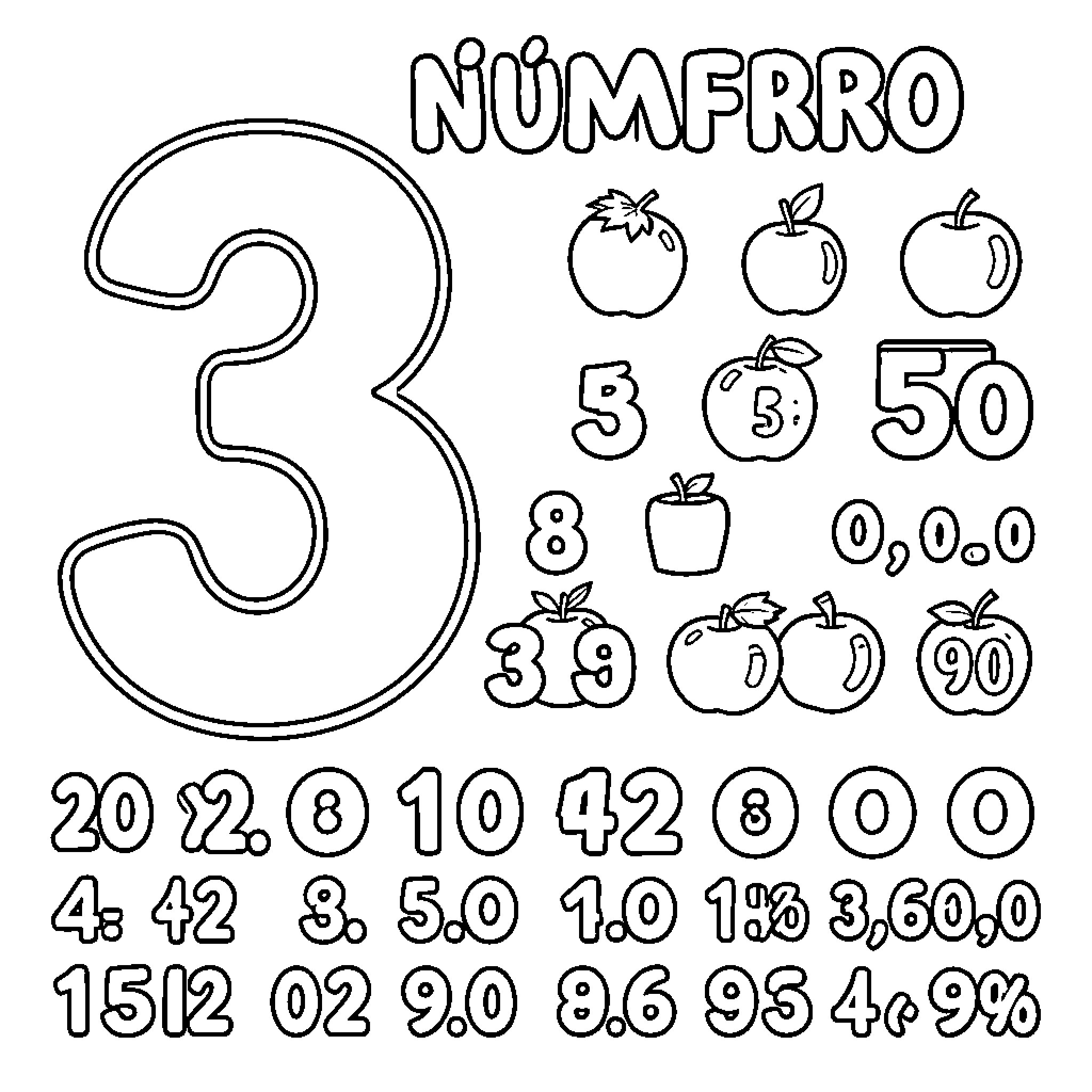 Number 3 Apple-themed Counting and Math Practice Coloring Page (free black-and-white line drawing printable PDF for all, from beginners to advanced learners, including children, teens, adults, and seniors)